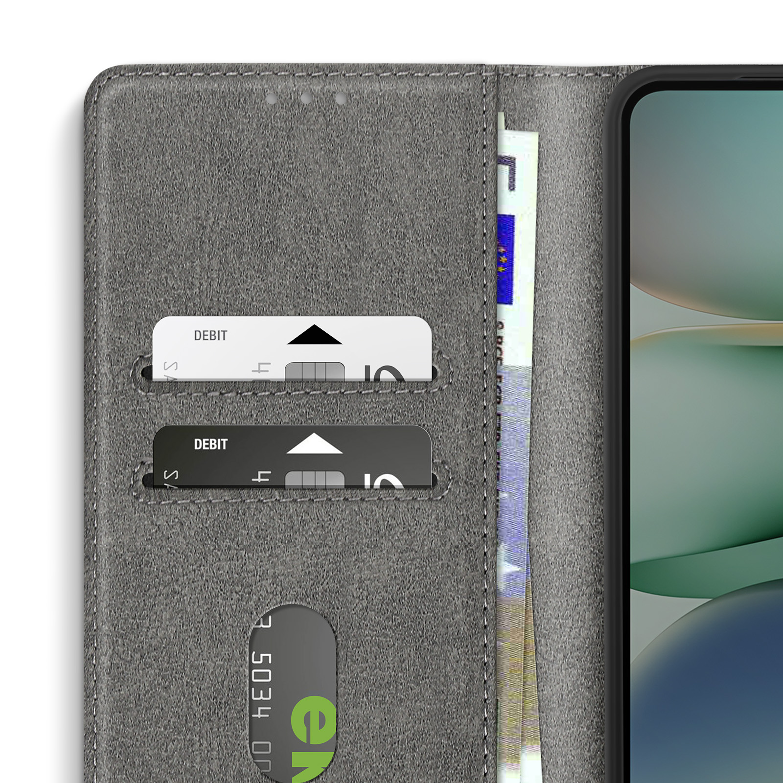 Una custodia per telefono aperta con carte di credito, denaro e un telefono visibile.