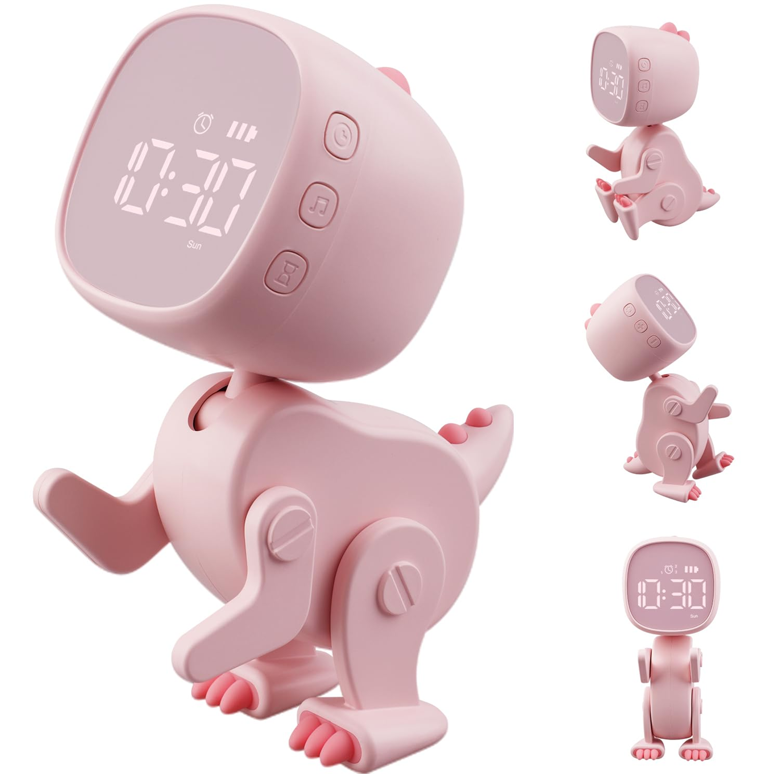 Rosa dinosaurierförmiger Wecker mit Anzeige 10:30. Mehrere Winkel zeigen Design und Funktionen der Uhr.