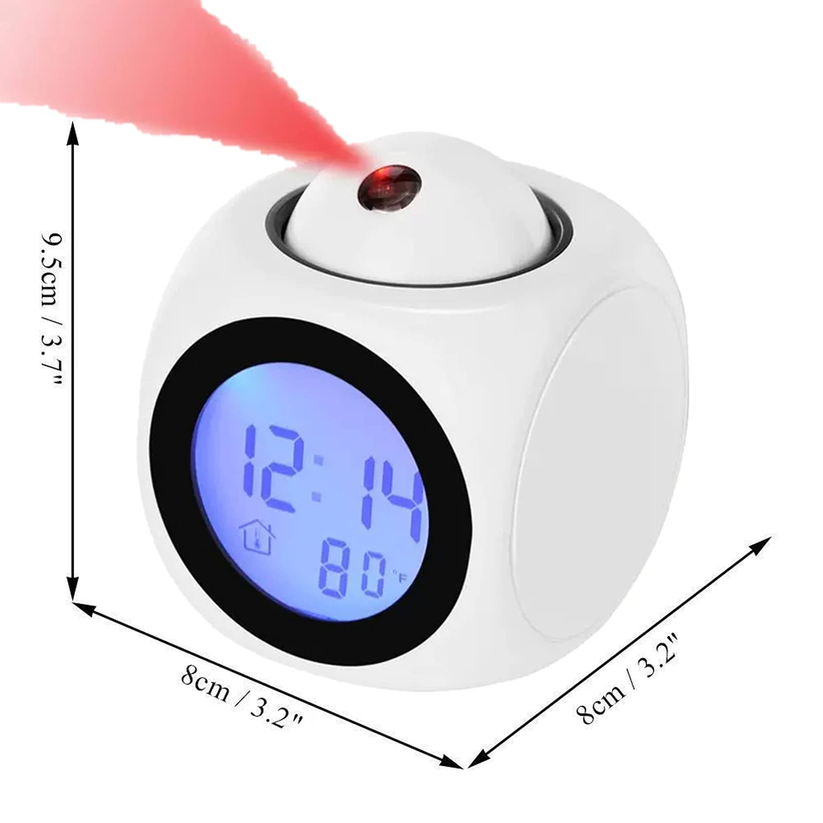 Weißer Würfeluhr mit blauem Display, roter Laser projiziert die Zeit. Abmessungen angezeigt.