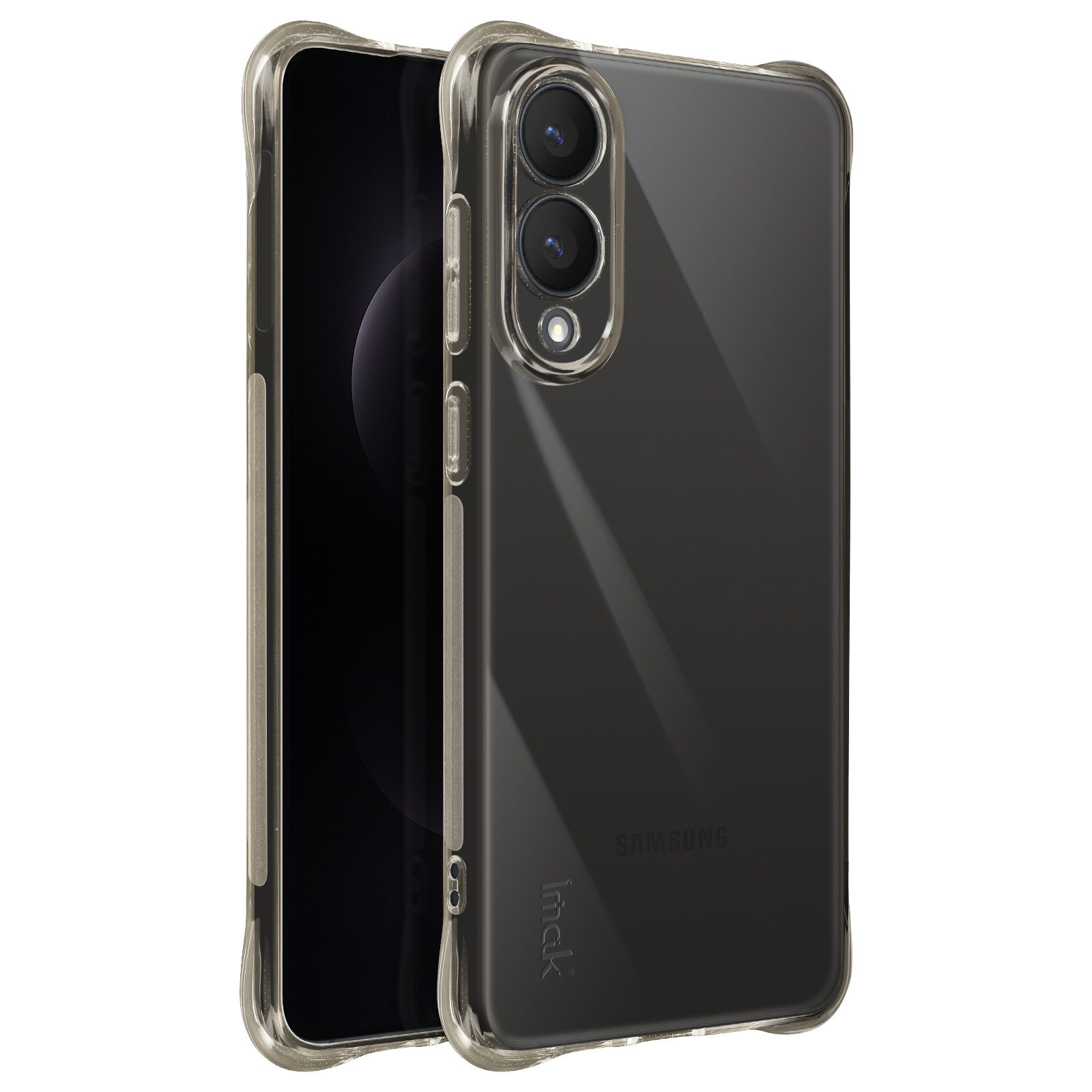 Una custodia trasparente su un telefono. Custodia trasparente con ritagli per fotocamera. Il telefono è nero.