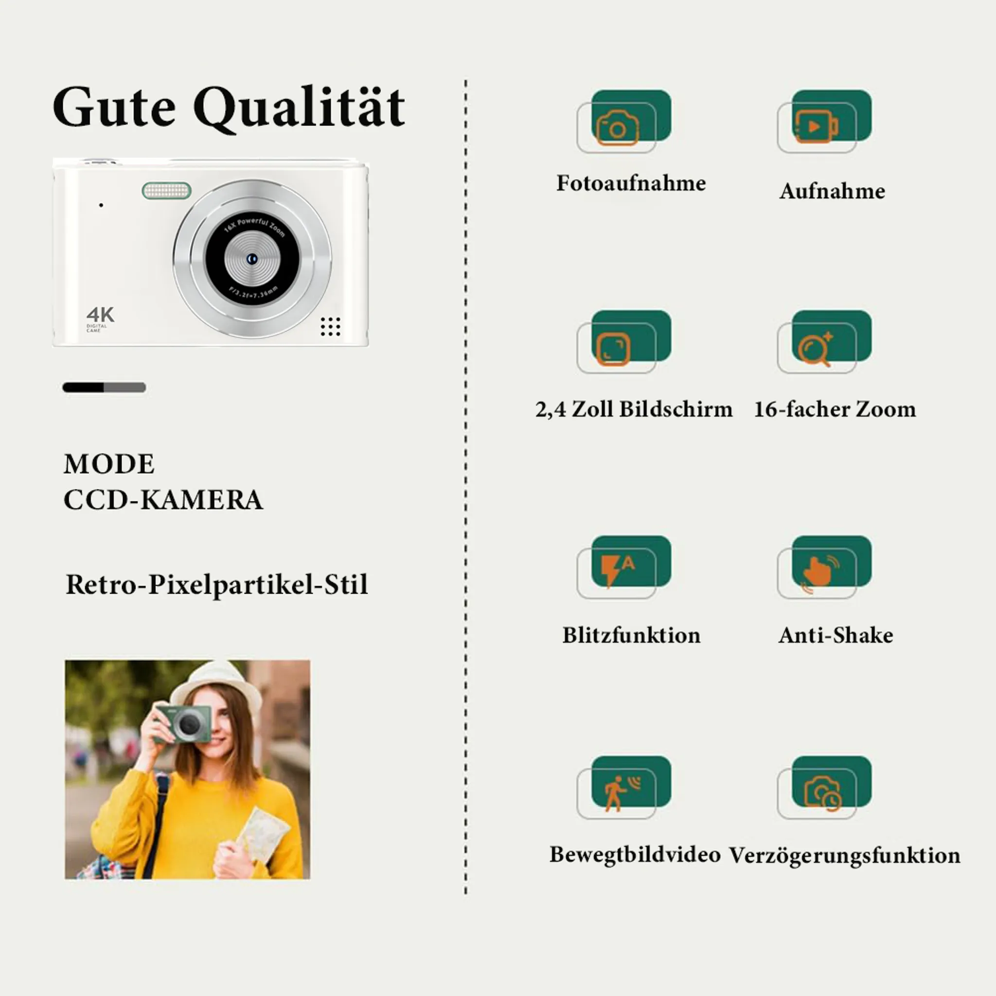 Weiße Retro-Kamera. Frau mit gelbem Hemd macht Foto. Verschiedene Kamera-Funktionssymbole vorhanden.
