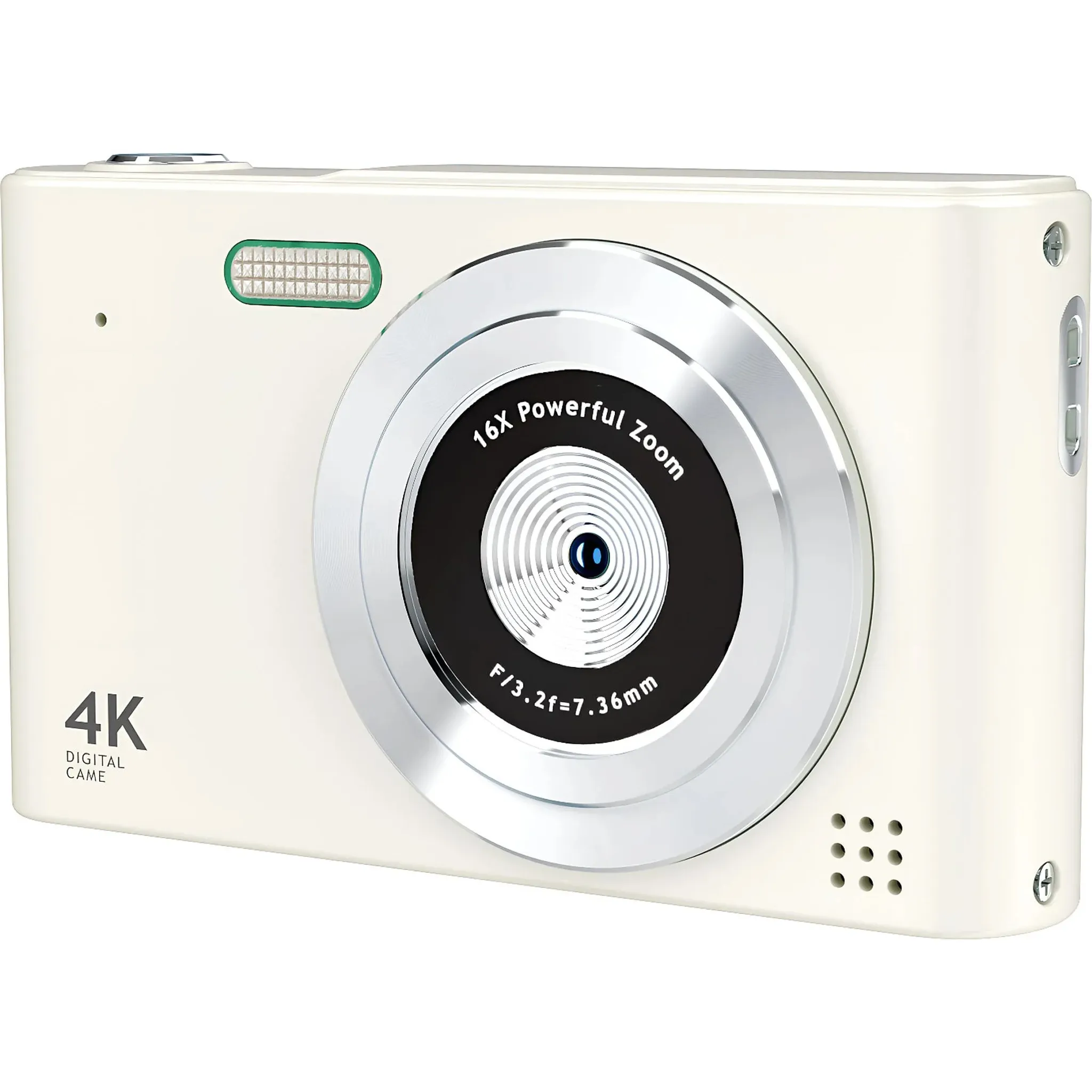 Weiße Kamera. Nahaufnahme eines Objektivs mit Zoom-Spezifikationen. 4K Digital Camera Text.