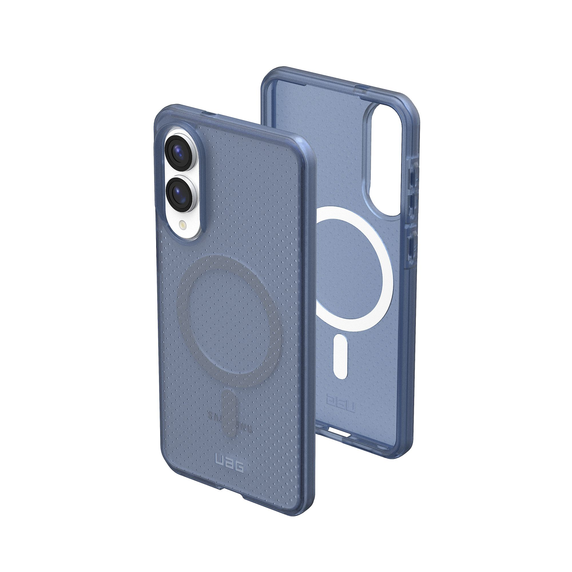 Eine blaue Handyhülle mit einem magnetischen Kreis. Es liegt neben einer transparenten Hülle.
