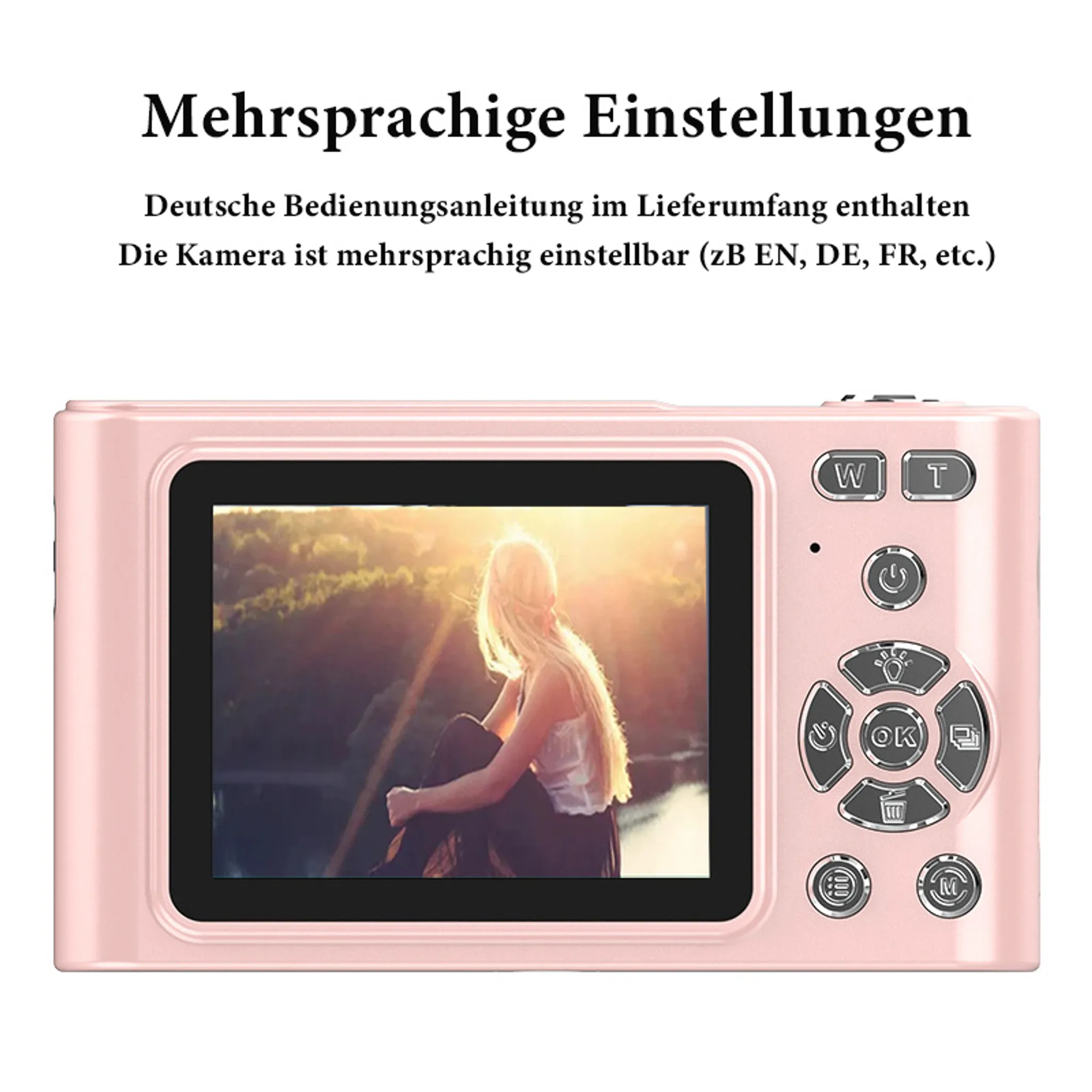 Rosa Digitalkamera, die die Rückseite zeigt. Das Bild einer Frau ist auf dem Bildschirm zu sehen.