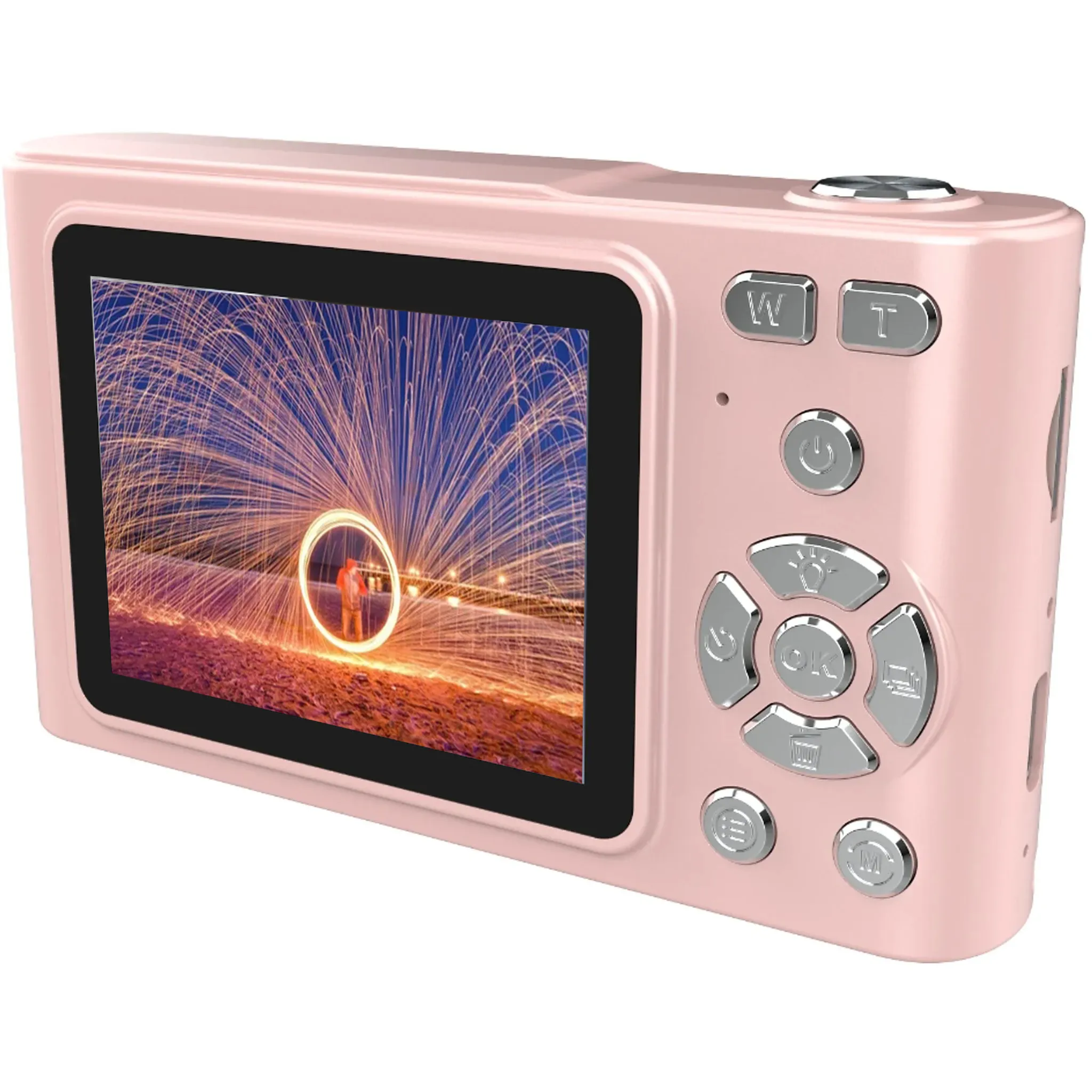 Eine rosa Digitalkamera mit einem Bildschirm, der ein Feuerwerk zeigt. Knöpfe sind sichtbar.
