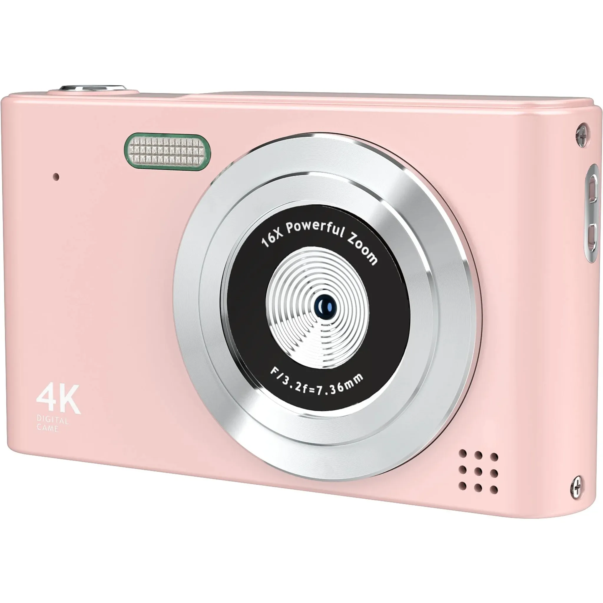 Eine rosa Digitalkamera mit großem Objektiv. Sie verfügt über 4K- und 16x-Zoom-Funktionen.
