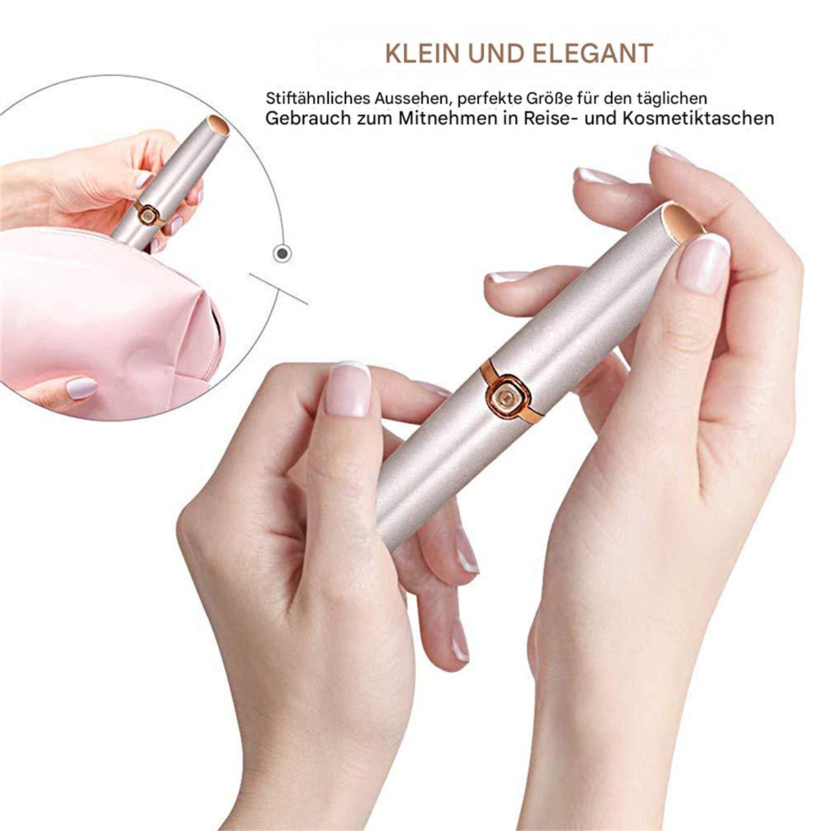 Die Hände einer Frau halten ein silbernes Beauty-Tool. Ein rosa Beutel ist ebenfalls im Bild.