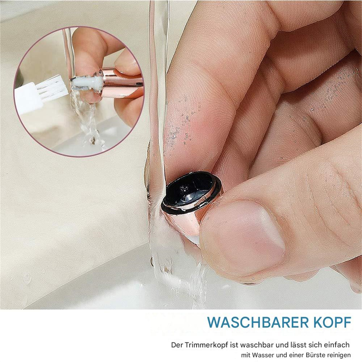 Ein Trimmerkopf wird gewaschen. Der Kopf ist roségold und schwarz, mit einer kleinen Bürste.