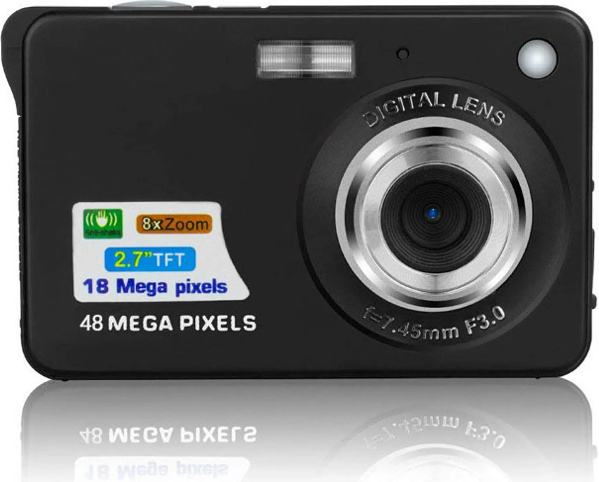 Eine schwarze Digitalkamera mit 8-fach Zoom und 18 Megapixeln. Es spiegelt sich auf der Oberfläche.