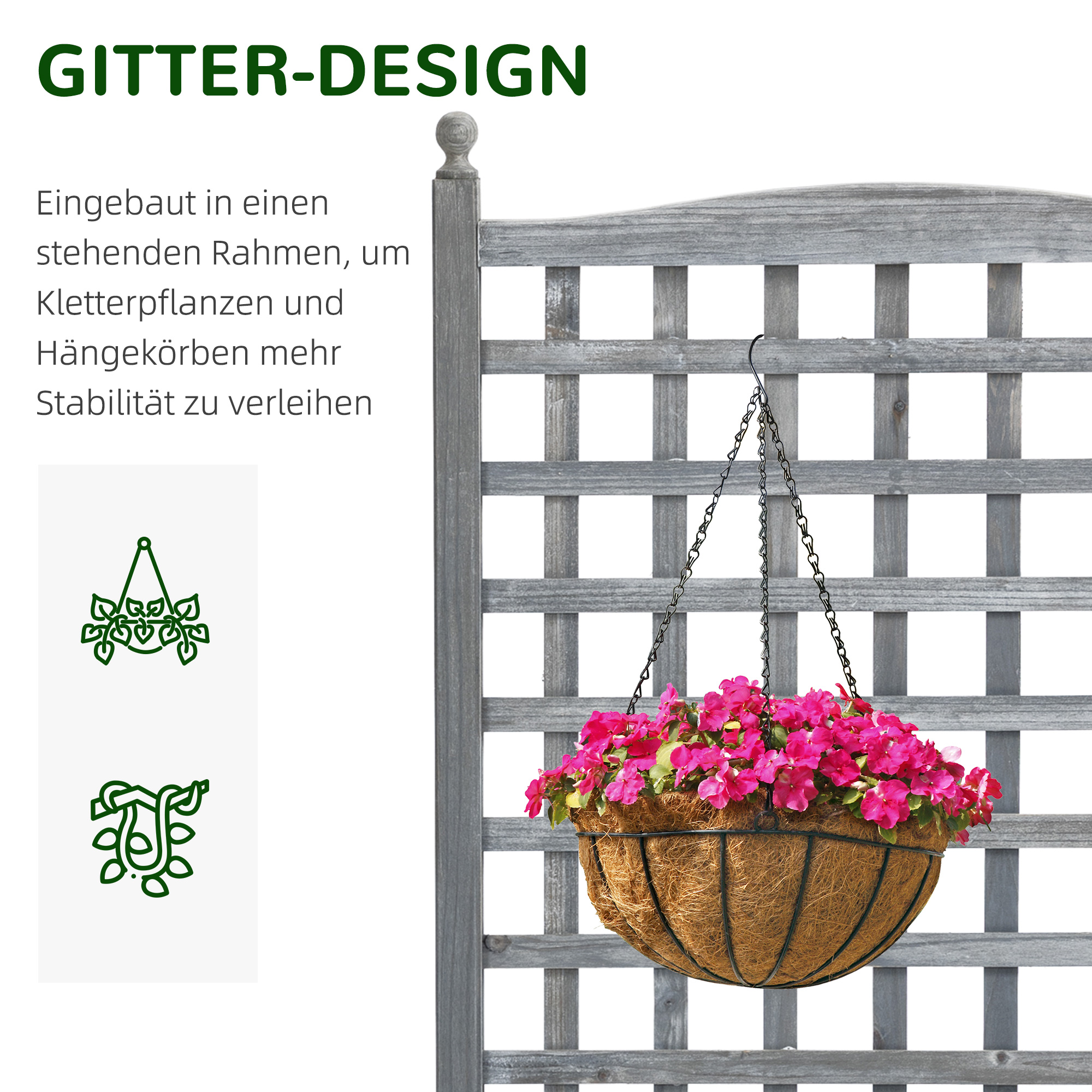 Hängekorb mit rosa Blumen an grauem Gitter. Text: Gitter-Design. Grüne Pflanzen-Icons.