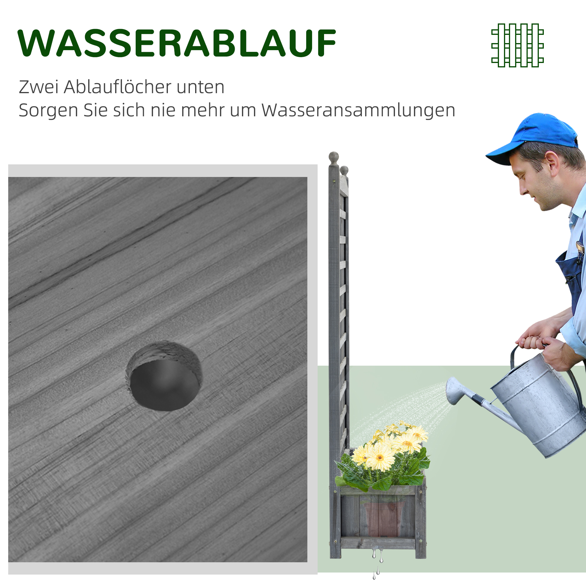 Eine Person gießt einen Pflanzkasten mit gelben Blumen. Nahaufnahme eines Abflusslochs wird gezeigt.
