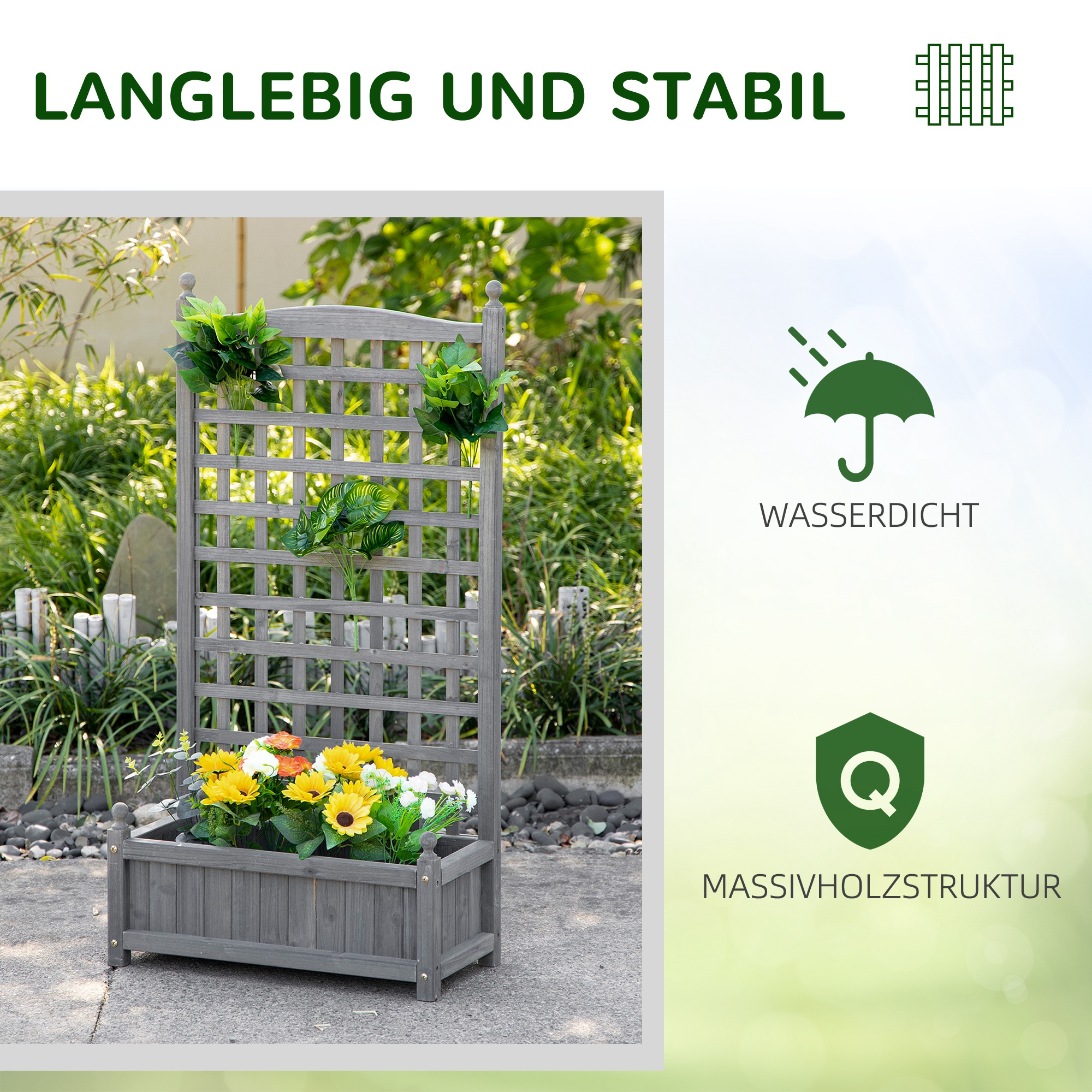 Ein graues Holzgitter mit Blumen und Text darüber, dass es langlebig und wasserdicht ist.