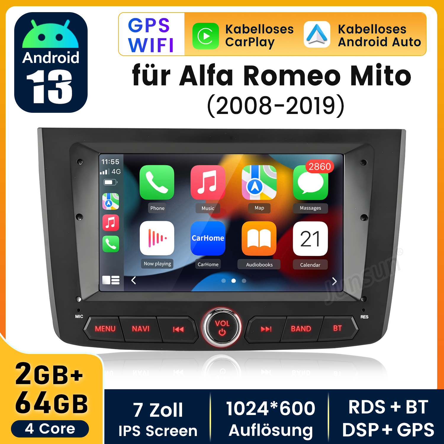Ein Autoradio mit einem Bildschirm, der Anwendungen anzeigt. Zu den Funktionen gehören Android Auto und Apple CarPlay.