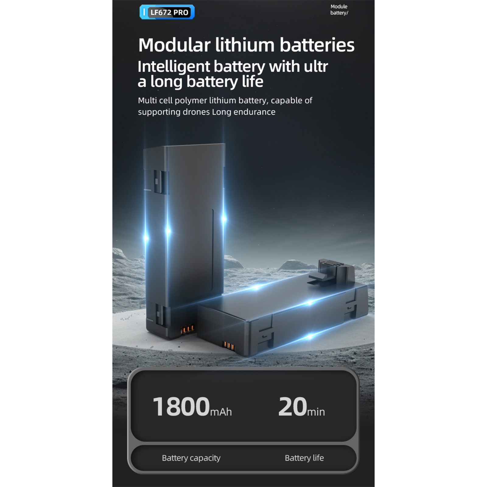 Zwei Drohnenbatterien. Text: 1800 mAh Kapazität, 20 Min. Akkulaufzeit. Die Batterien sind schwarz.