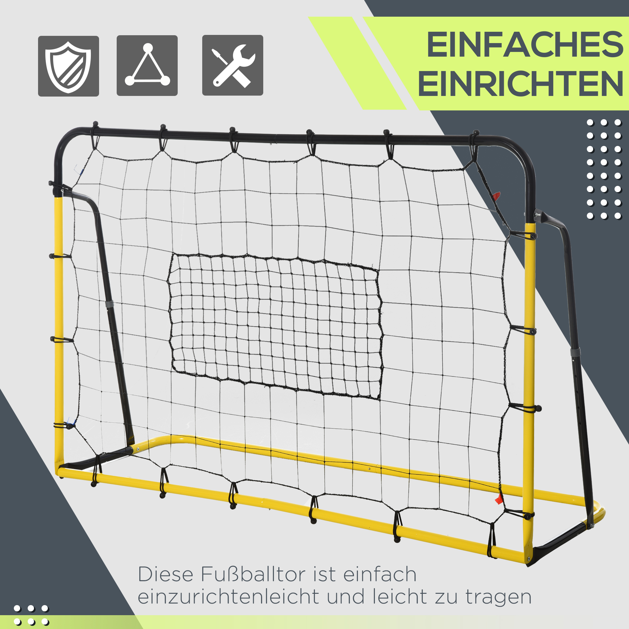 Fußballtor mit gelbem Rahmen und schwarzem Netz. Text: 'Einfache Einrichtung' und 'Leicht zu transportieren'.