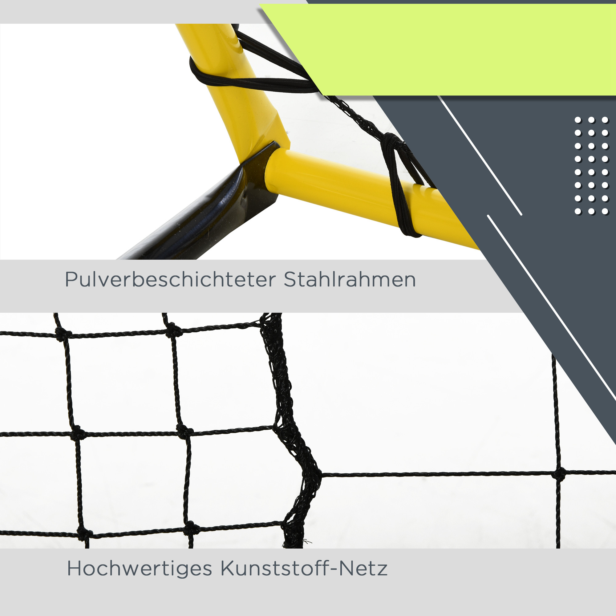 Nahaufnahme eines Fußballtors. Gelber Rahmen mit schwarzem Netz, Detailansicht, Text.