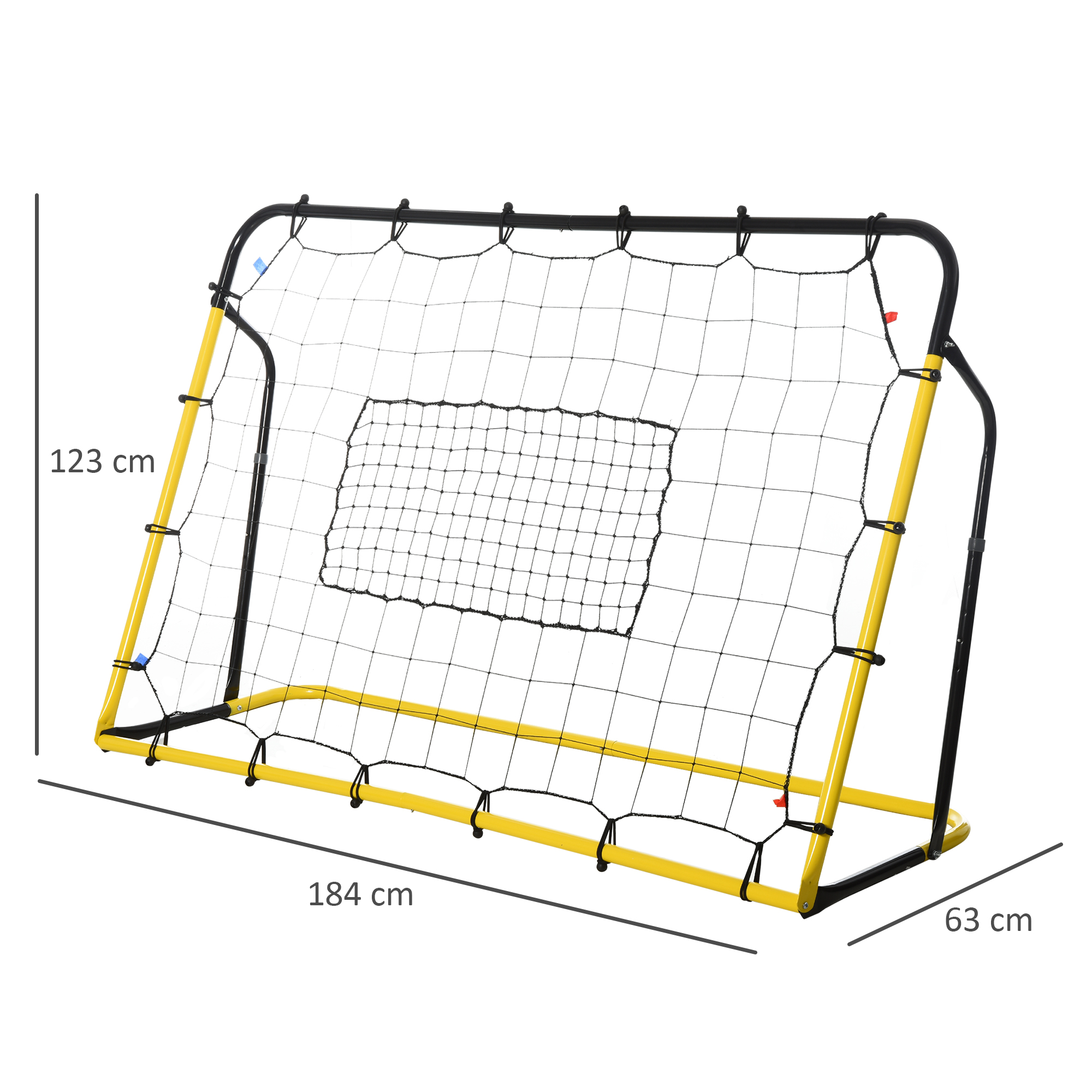Fußballtor mit gelbem Rahmen und schwarzem Netz. Abmessungen: 184 cm breit, 123 cm hoch, und 63 cm tief.