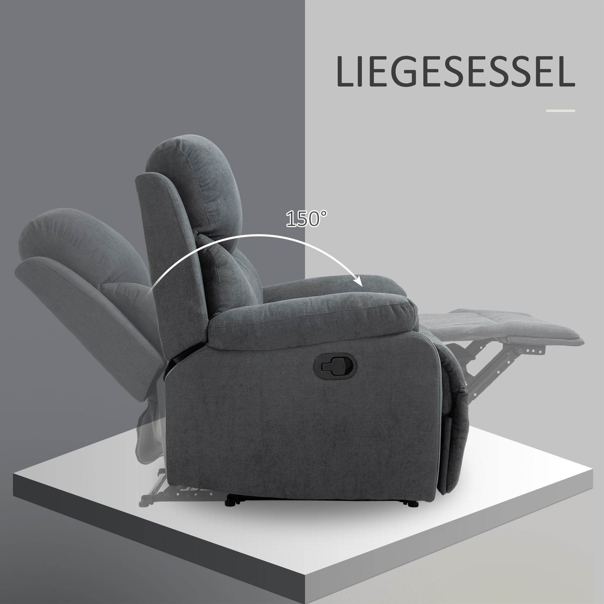 Grauer Relaxsessel. Er lässt sich auf 150 Grad zurücklehnen. Ein zweiter Stuhl ist im Hintergrund zu sehen.