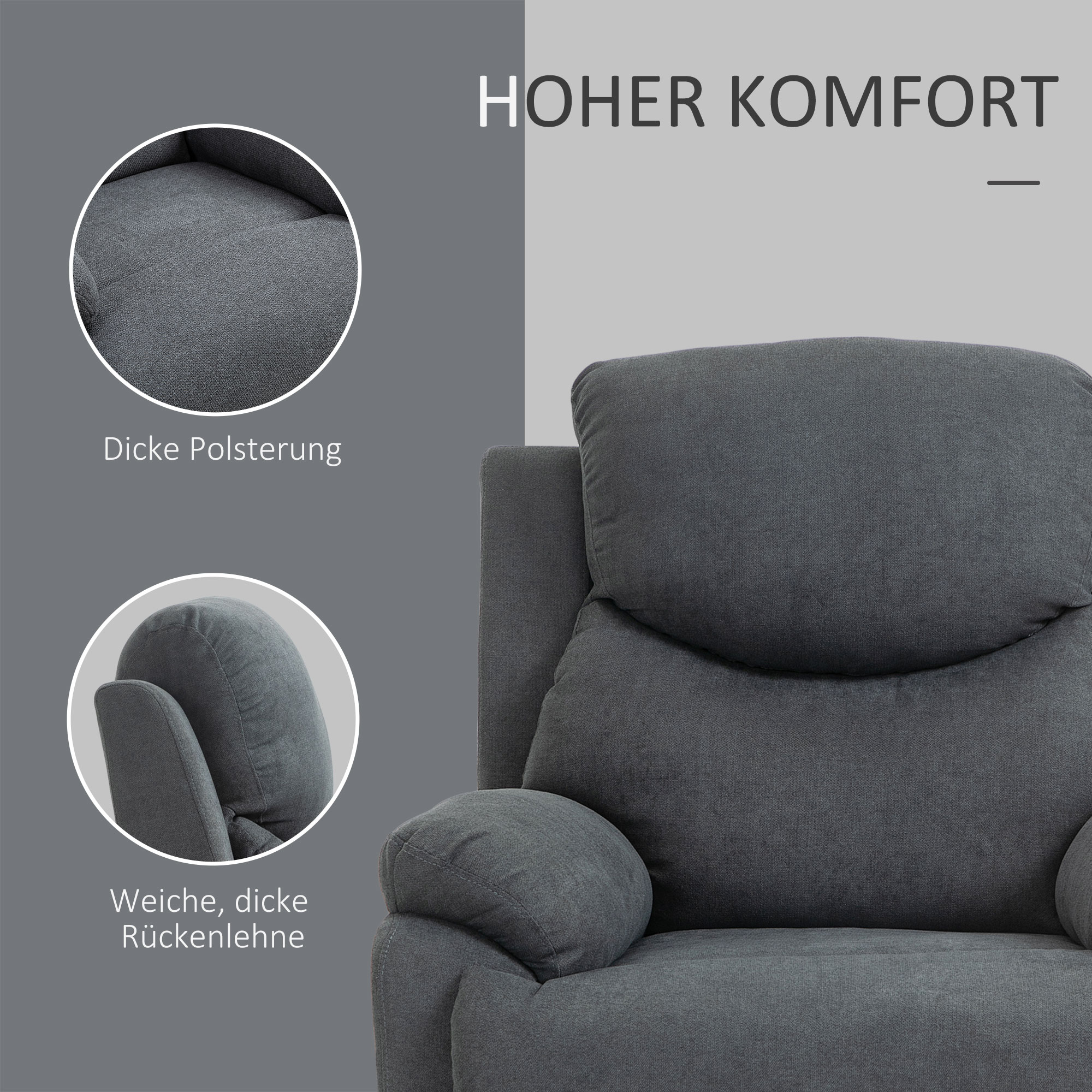 Nahaufnahme eines grauen Relaxsessels mit dicker Polsterung und einer weichen Kopfstütze.
