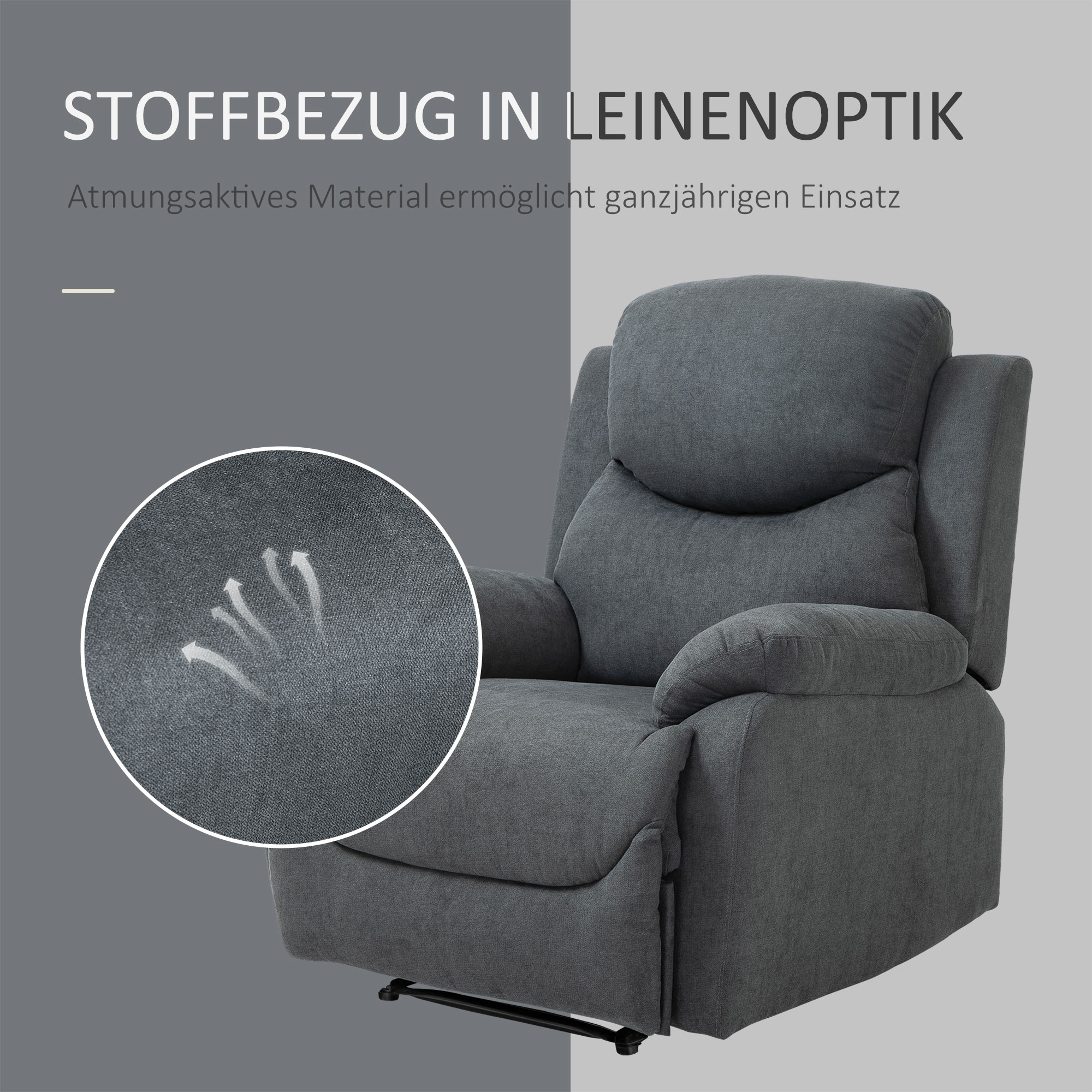 Ein grauer Relaxsessel mit detaillierter Nahaufnahme, die die atmungsaktive Stoffstruktur zeigt.