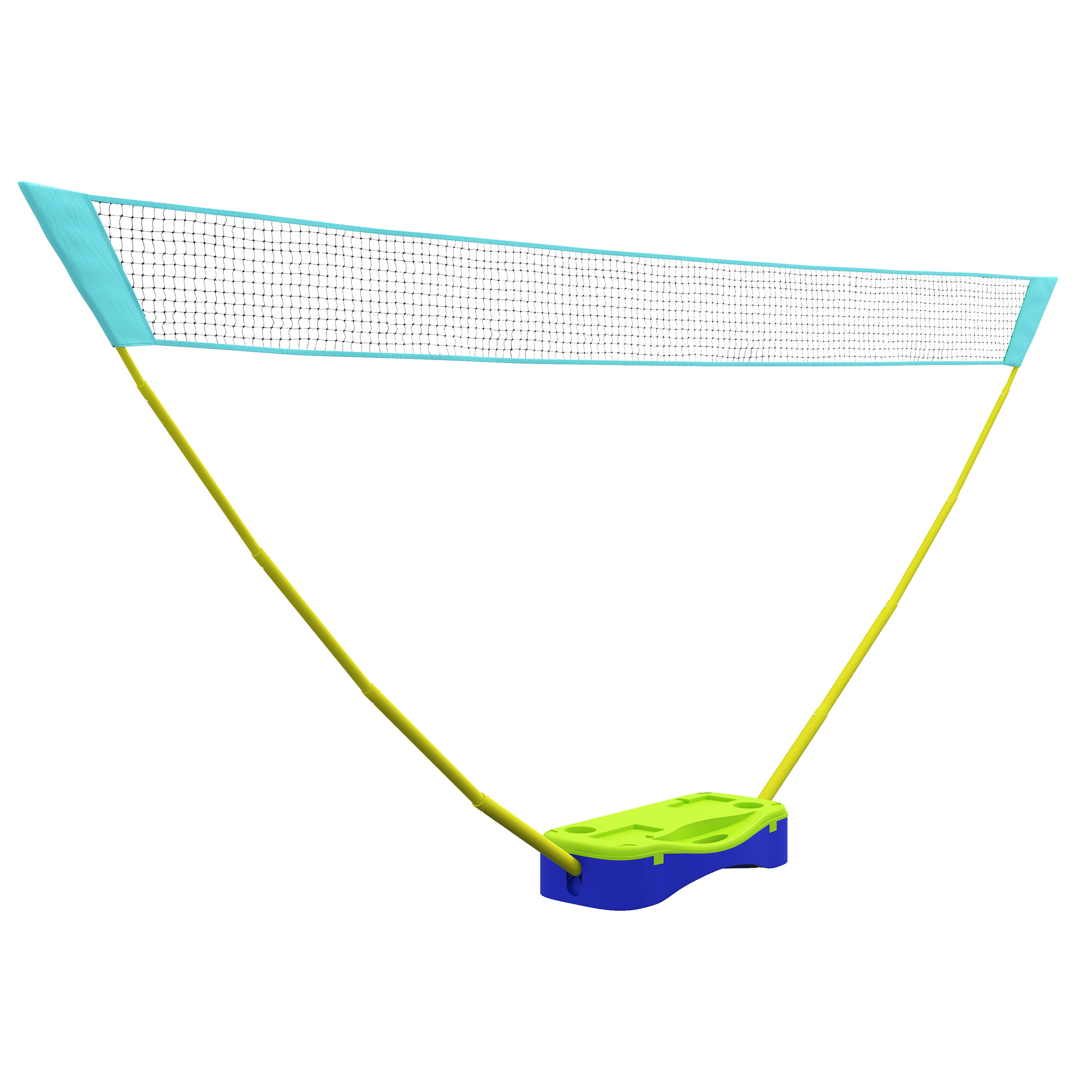 Badmintonnetz aufgebaut mit grünem Sockel und hellblauen oberen Stangen.