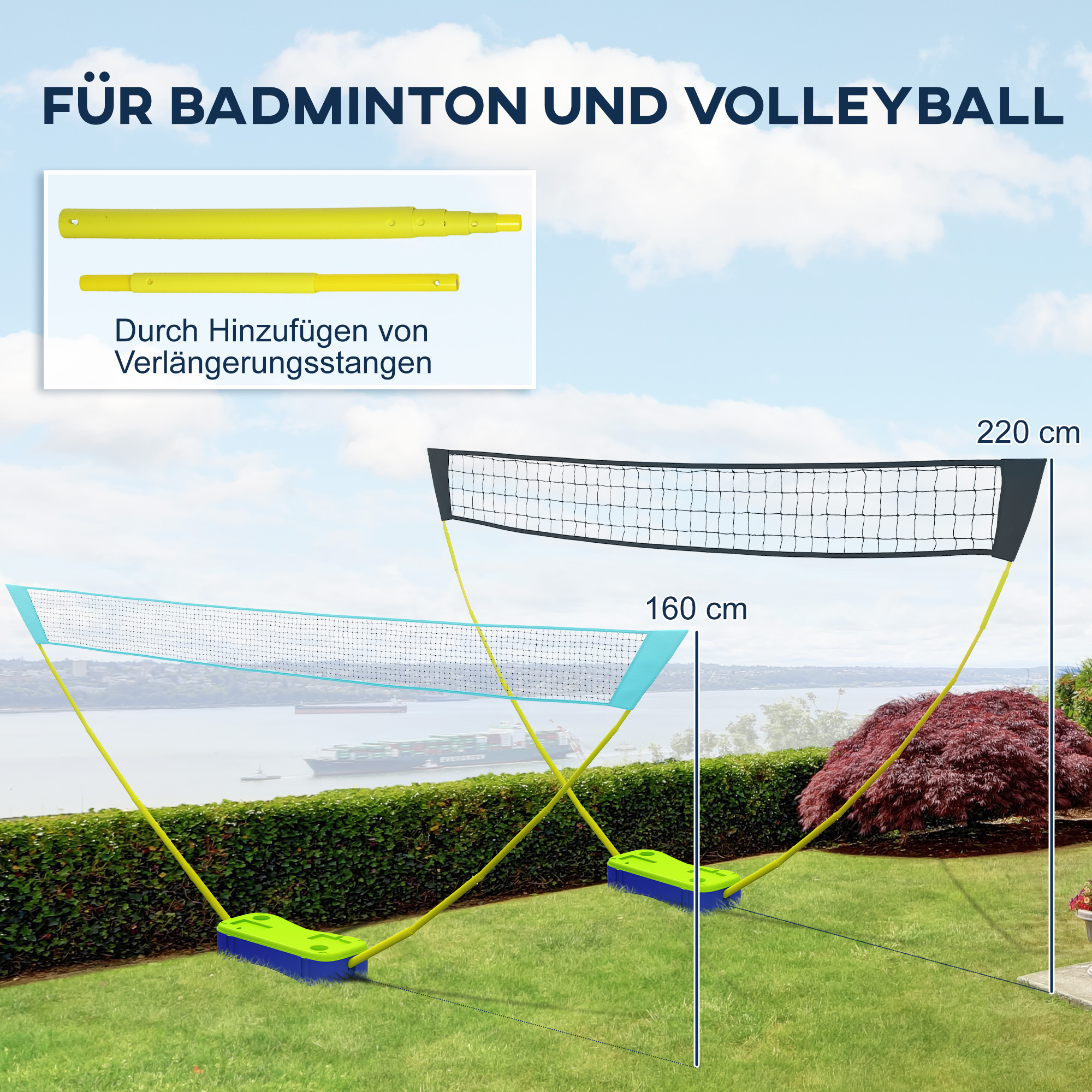 Ein Badminton- und Volleyballnetz-Setup auf Gras, mit Abmessungen und Details zu Verlängerungsstangen.
