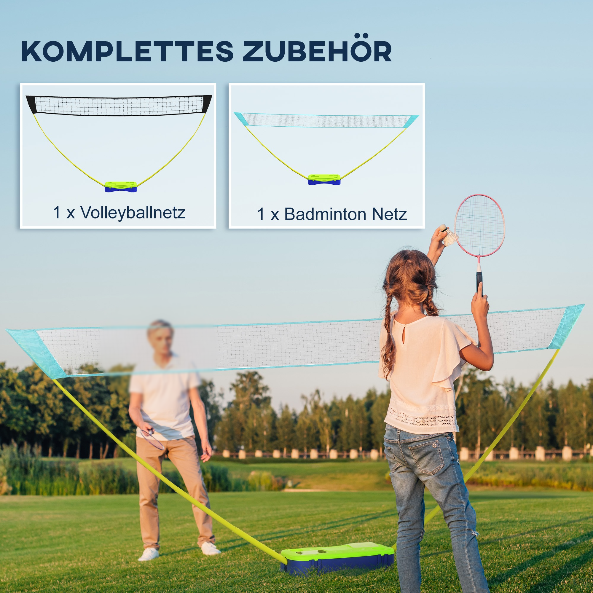 Ein Mädchen mit Badmintonschläger und ein Mann neben Badminton- und Volleyballnetzen.