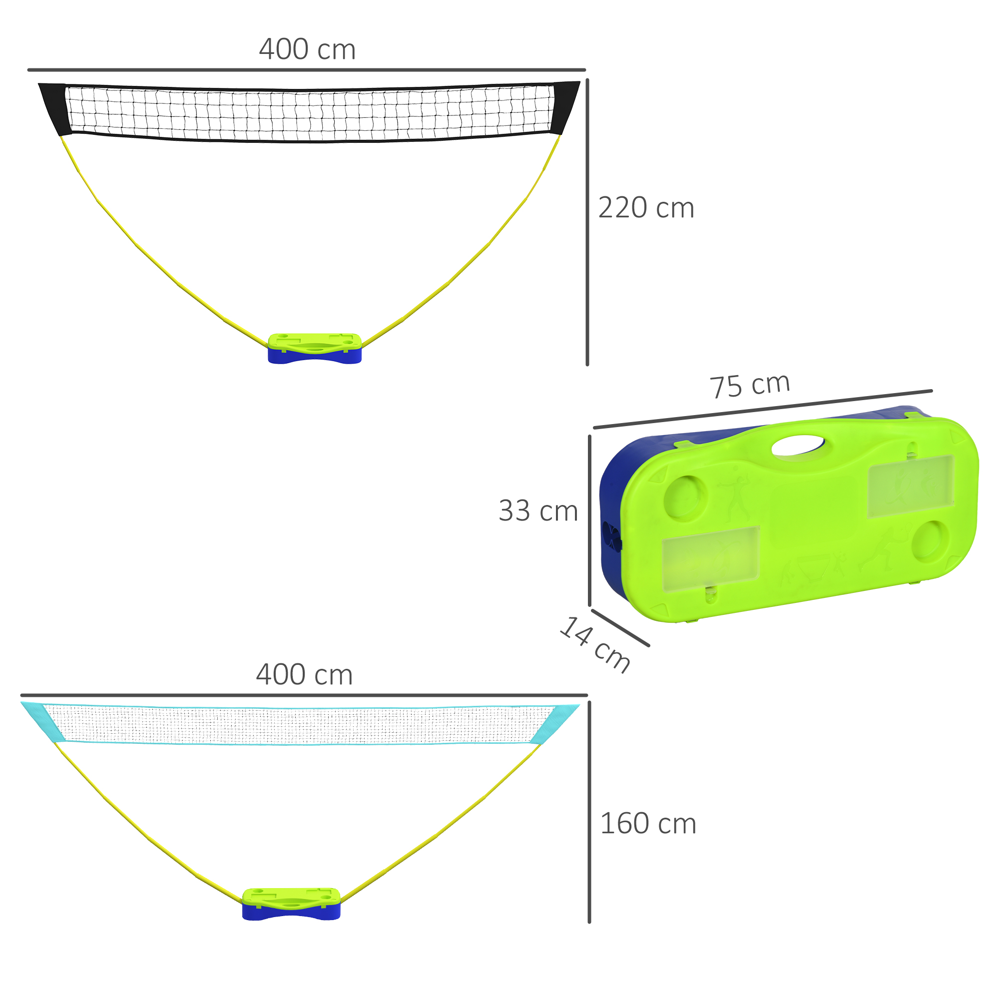 Diagramm eines Badmintonsatzes. Zeigt Netz und Tragetasche mit Abmessungen in cm. Blaues und grünes Farbschema.