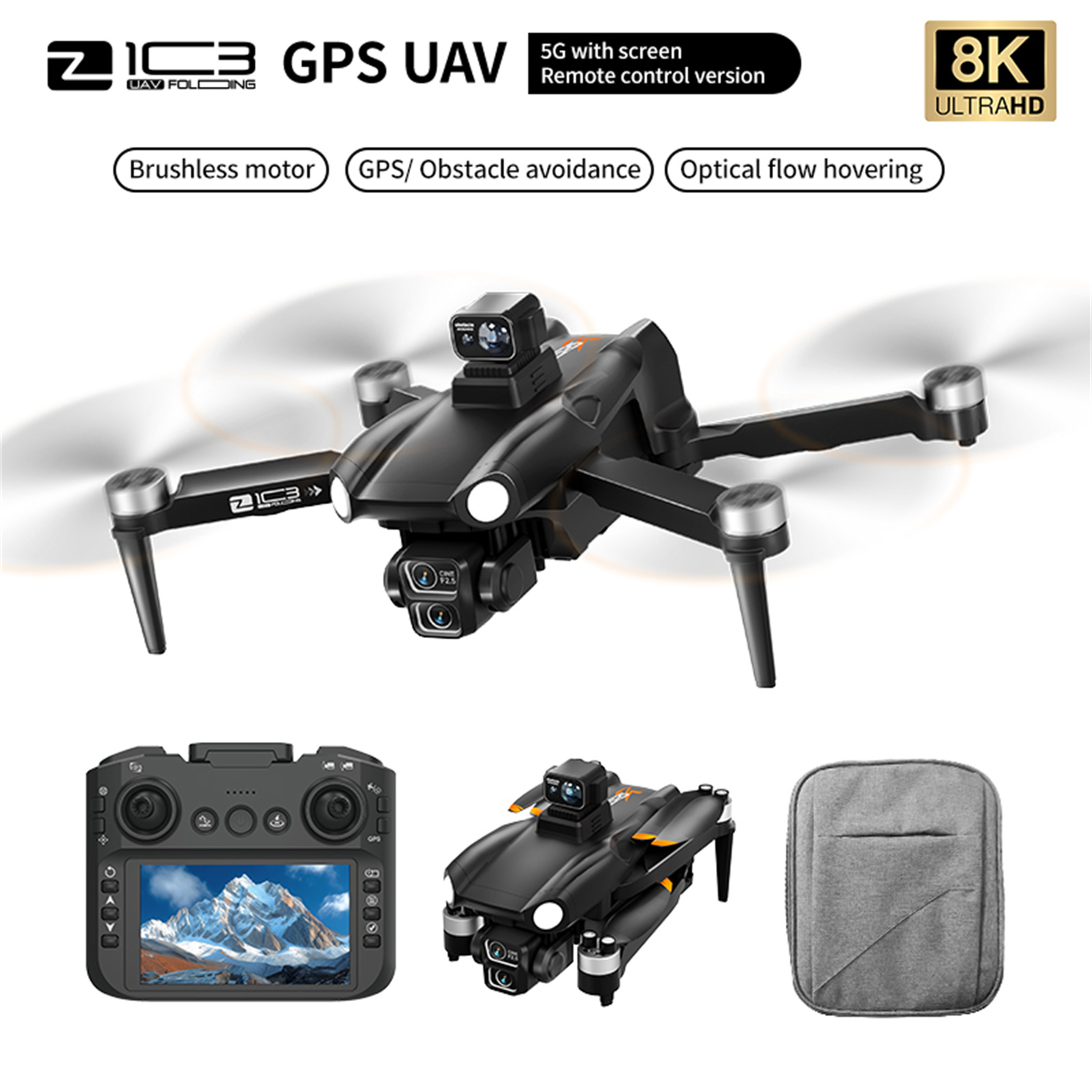 Schwarze Drohne mit Fernbedienung und Zubehör, Text über GPS UAV und 8K Ultra HD.