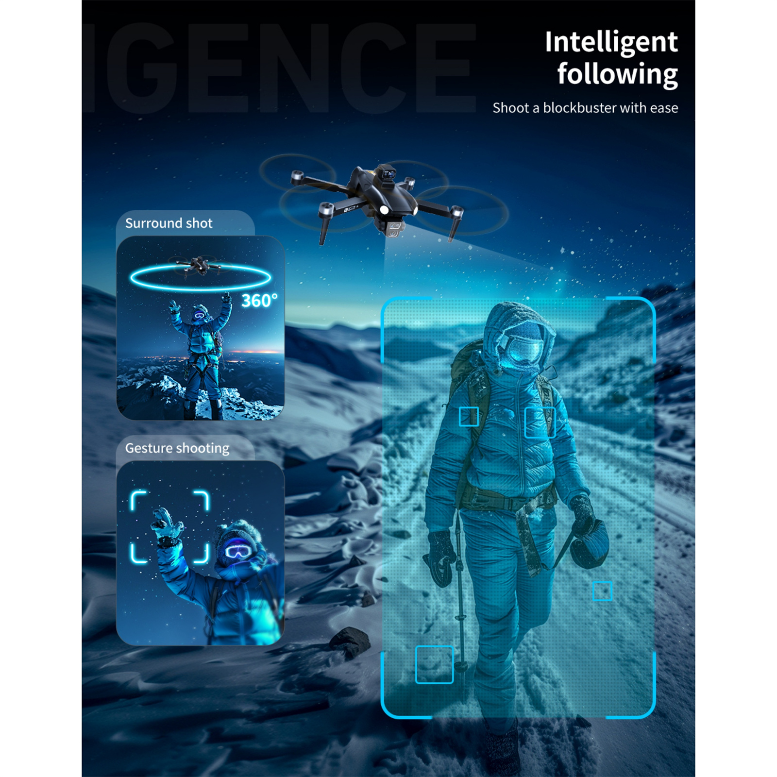 Eine Drohne, die über eine verschneite Landschaft fliegt, mit einer Person, die geht. Text: Intelligentes Folgen.