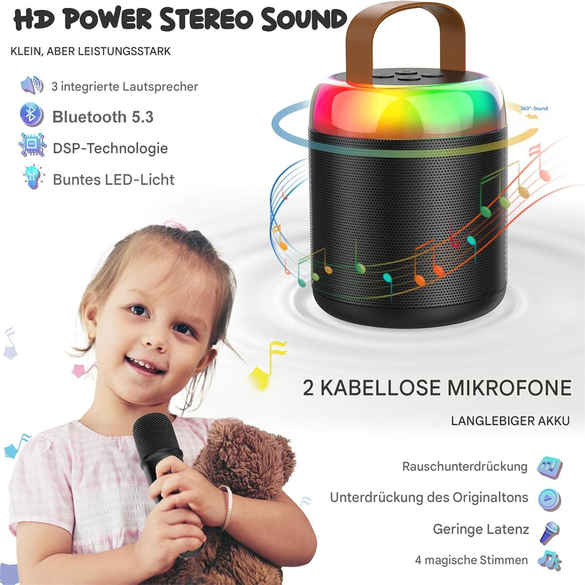Ein Mädchen mit einem Mikrofon und einem Teddybären neben einem Lautsprecher mit bunten Lichtern und Funktionen.
