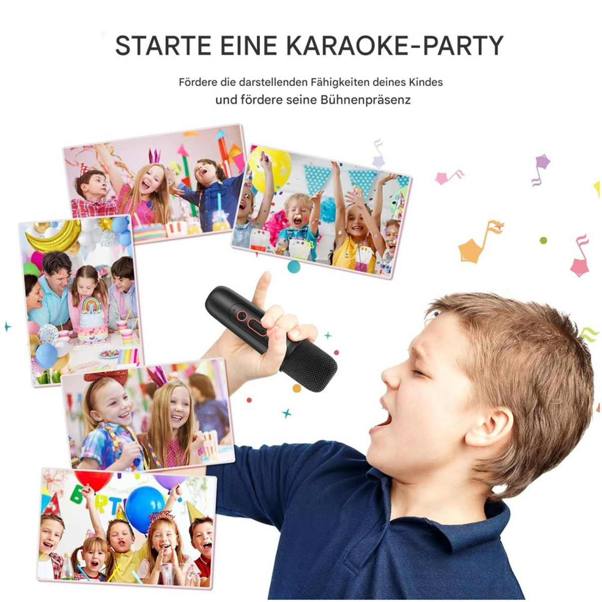 Ein Junge singt mit einem Mikrofon, umgeben von Bildern von Kindern auf einer Karaoke-Party.