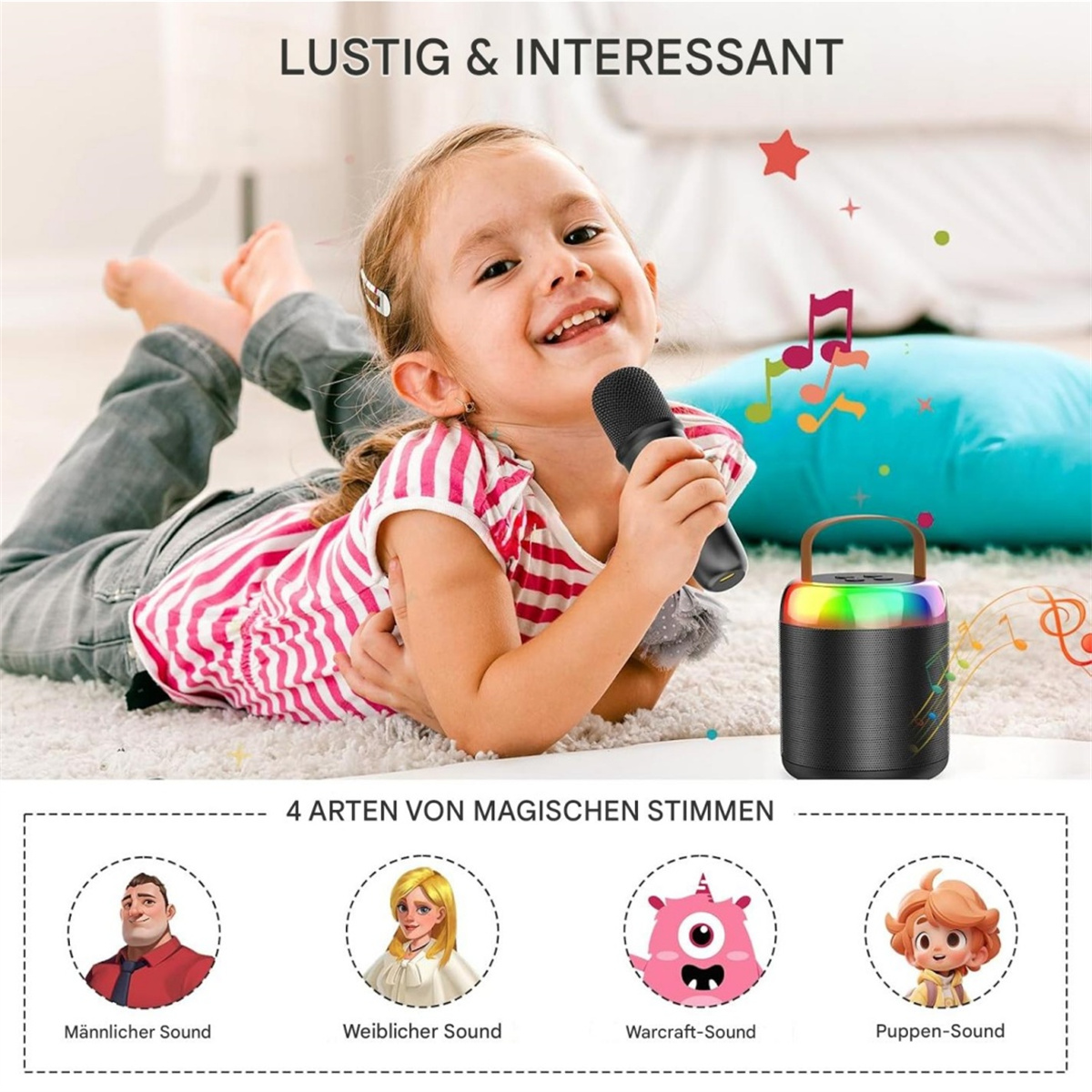Mädchen singt in ein Mikrofon. Lautsprecher mit bunten Lichtern. Illustrationen von Stimmeffekten.