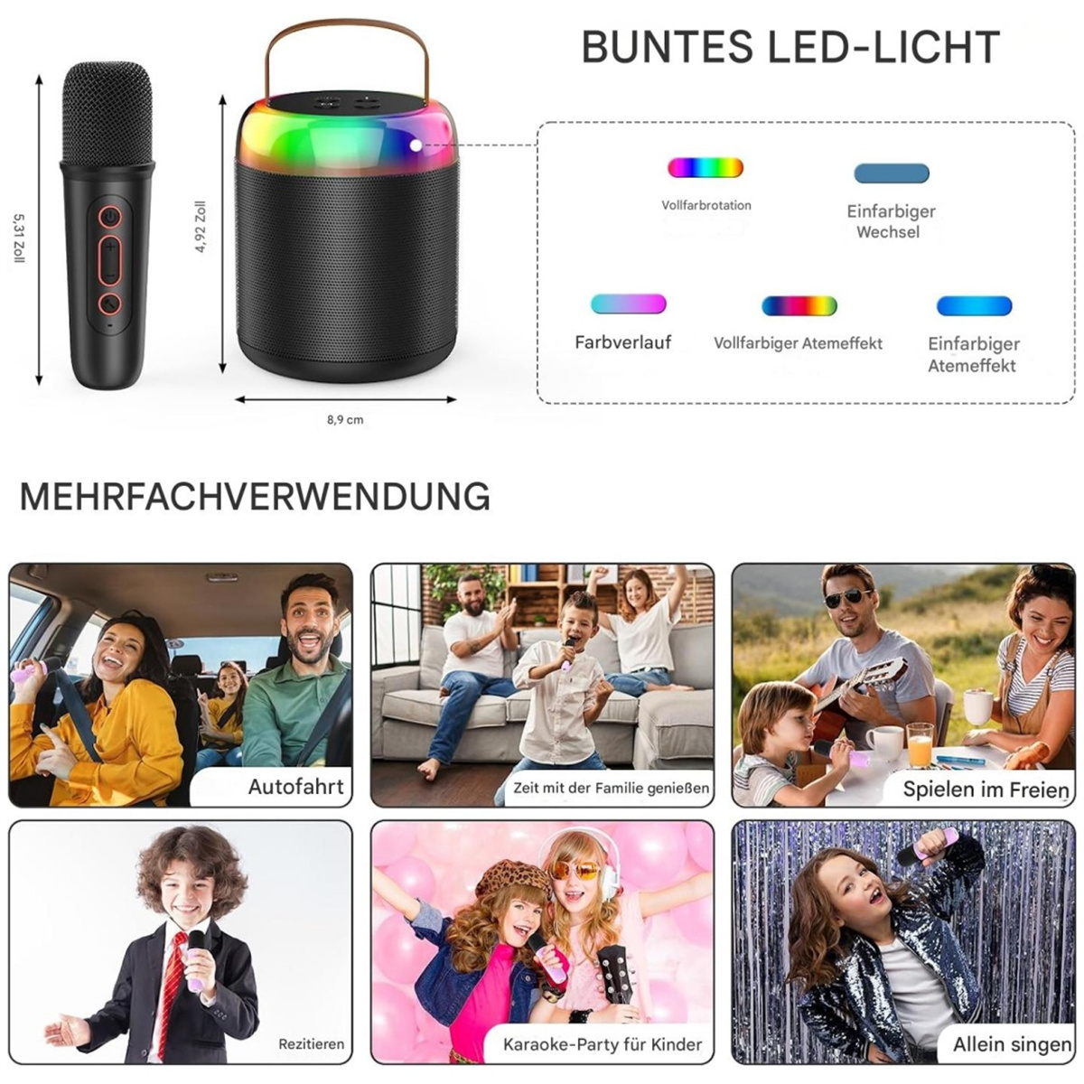 Mikrofon und Lautsprecher mit bunten Lichtern und verschiedenen Anwendungsszenarien. Spezifikationen, Abmessungen und Funktionen.