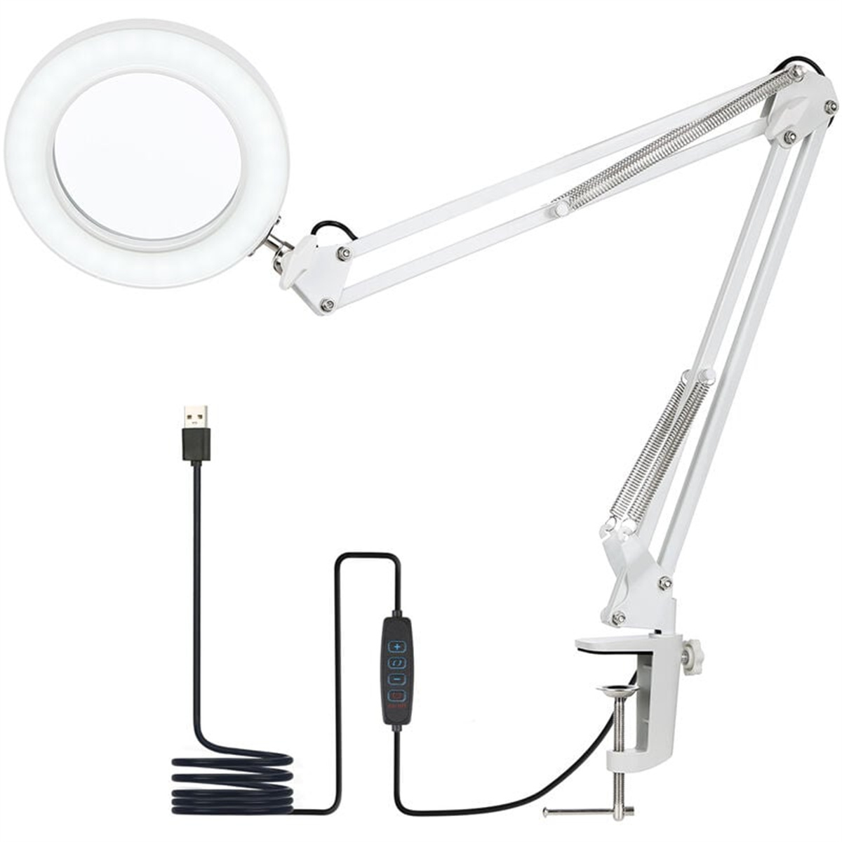 Weiße, bewegliche Lupenlampe mit kreisförmigem Licht und USB-Kabel.