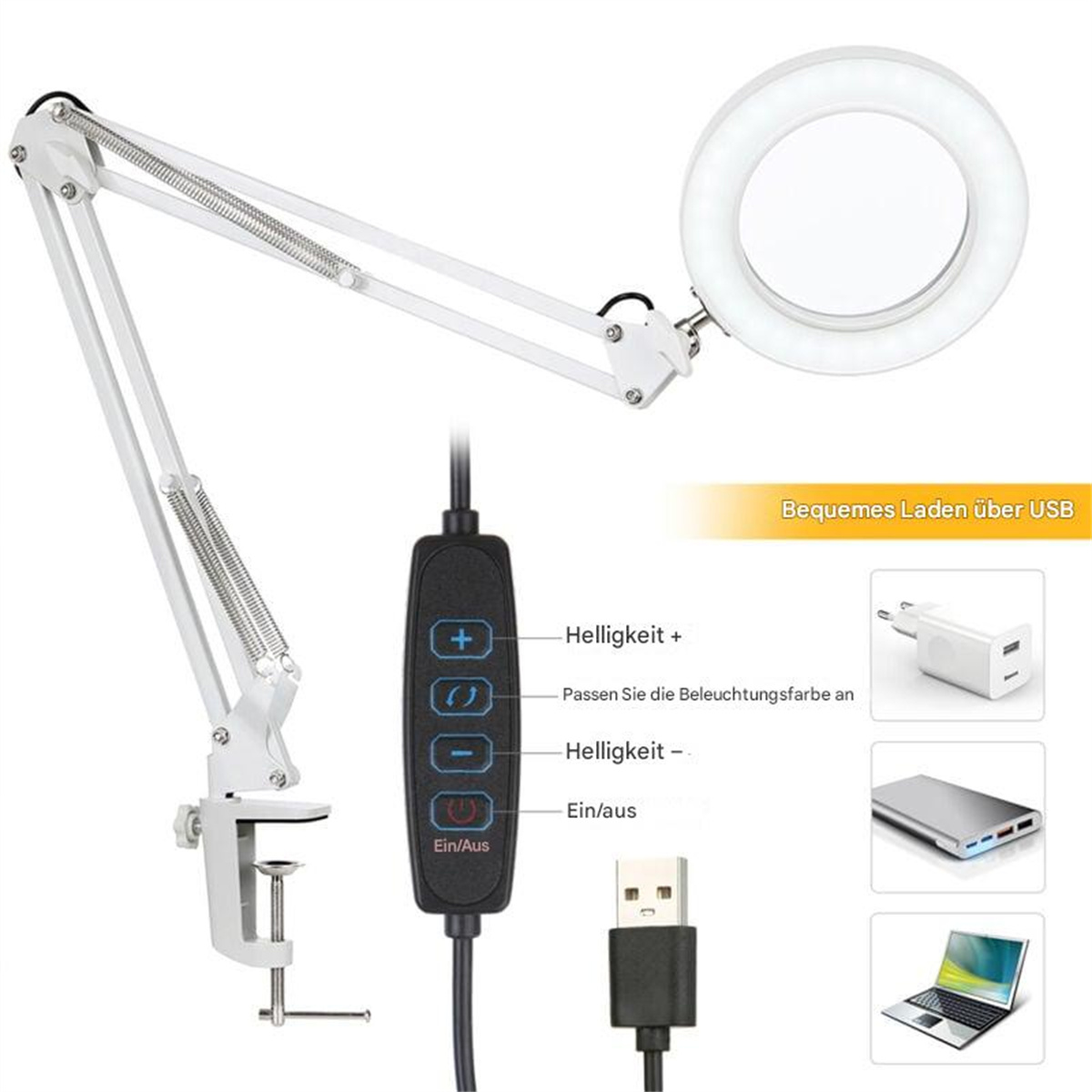 Weiße Lupe mit Lichtsteuerung, angeschlossen an USB-Kabel und Stromquelle.