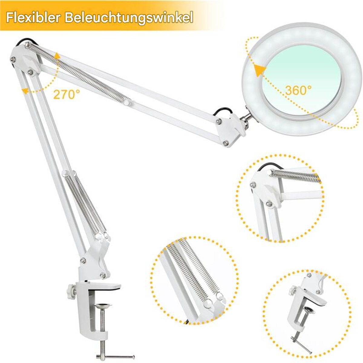 Weiße Lupenlampe mit flexiblem Arm und verstellbarem Kopf, mit Nahaufnahmen.