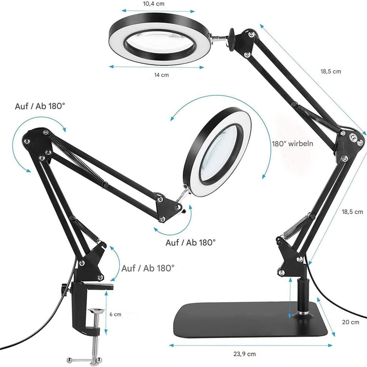 Schwarze, verstellbare Lupenlampe mit kreisförmigem Licht und Klemme.