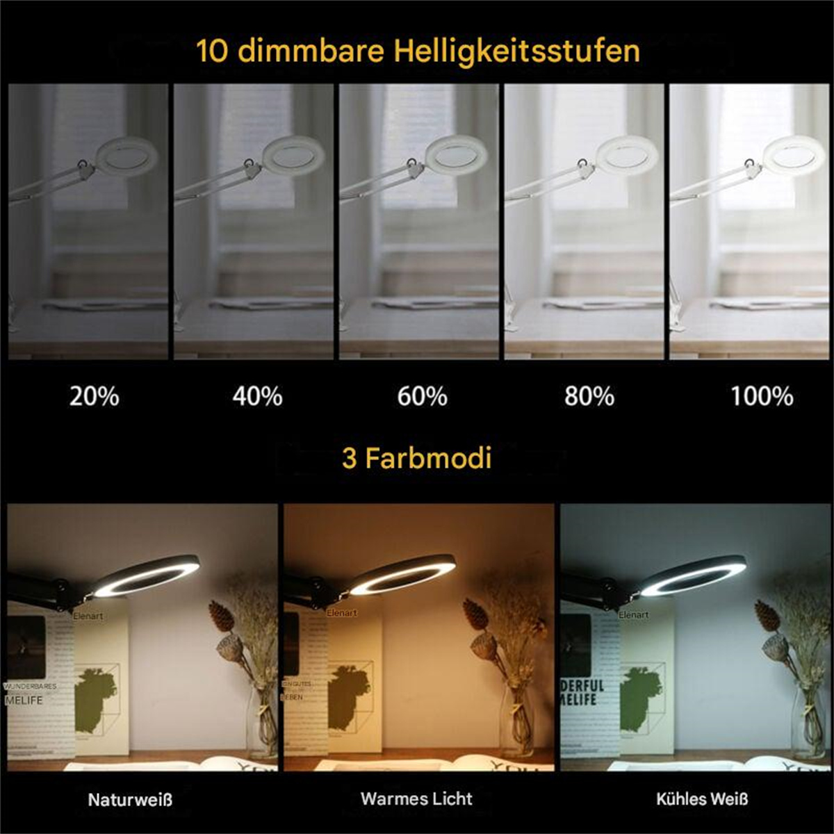 Eine Lupenlampe mit dimmbaren Lichteinstellungen und verschiedenen Farbmodi.