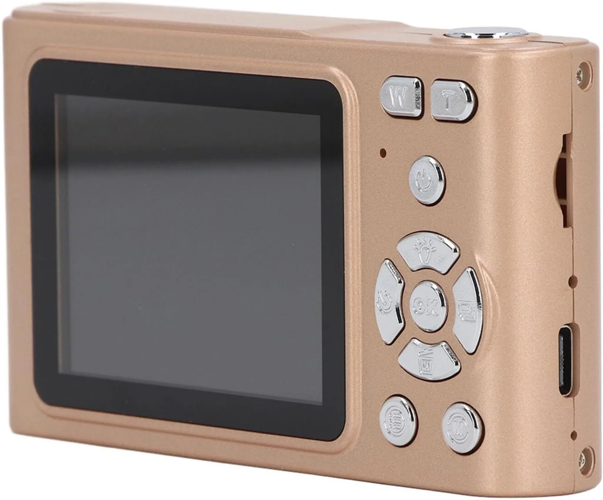 Nahaufnahme einer goldenen Digitalkamera mit Knöpfen und Bildschirmanzeige.