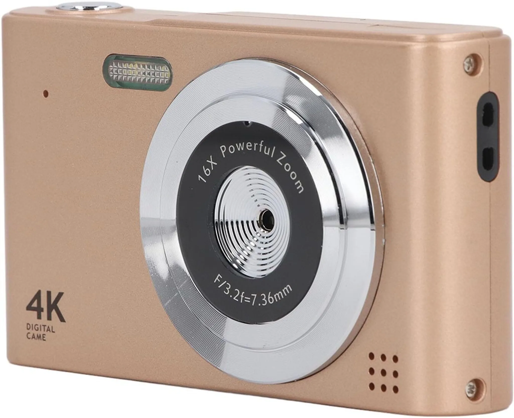 Eine goldene Kamera mit großem Objektiv und Text mit 16X Powerful Zoom und 4K Digital.