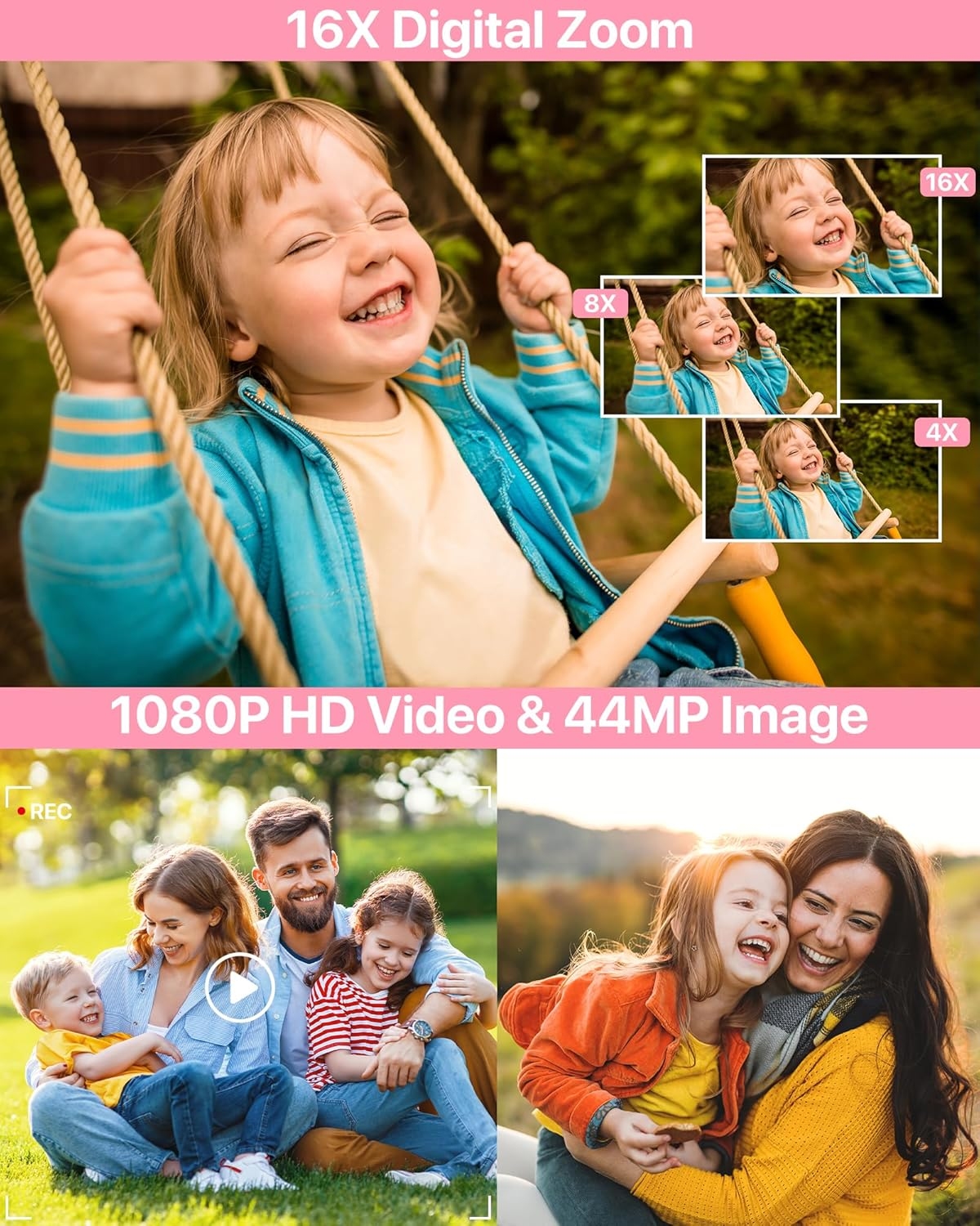 Ein Kind schaukelt, mit Zoomeffekten, und eine Familie lächelt auf den unteren Fotos.