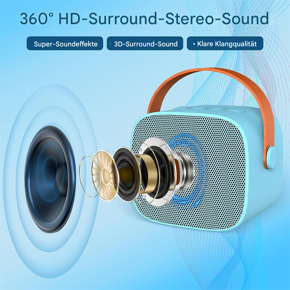 Blauer Lautsprecher mit orangefarbenem Griff. Zeigt Lautsprecherkomponenten und Schallwellen. 360° HD Surround Sound.