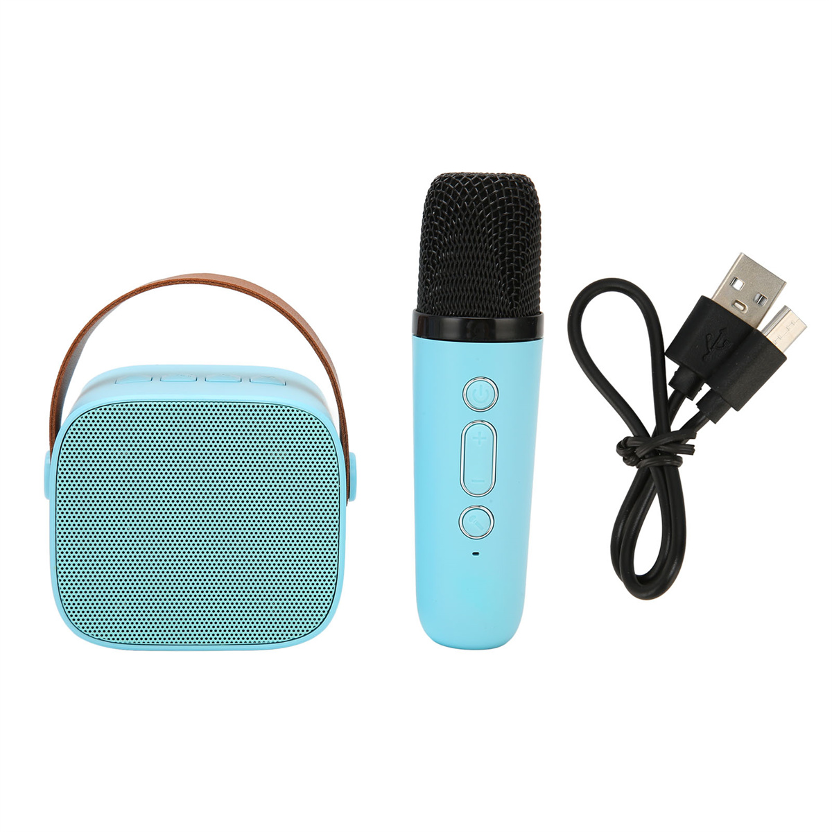 Blaues Lautsprecher- und Mikrofon-Set mit schwarzem USB-Kabel.