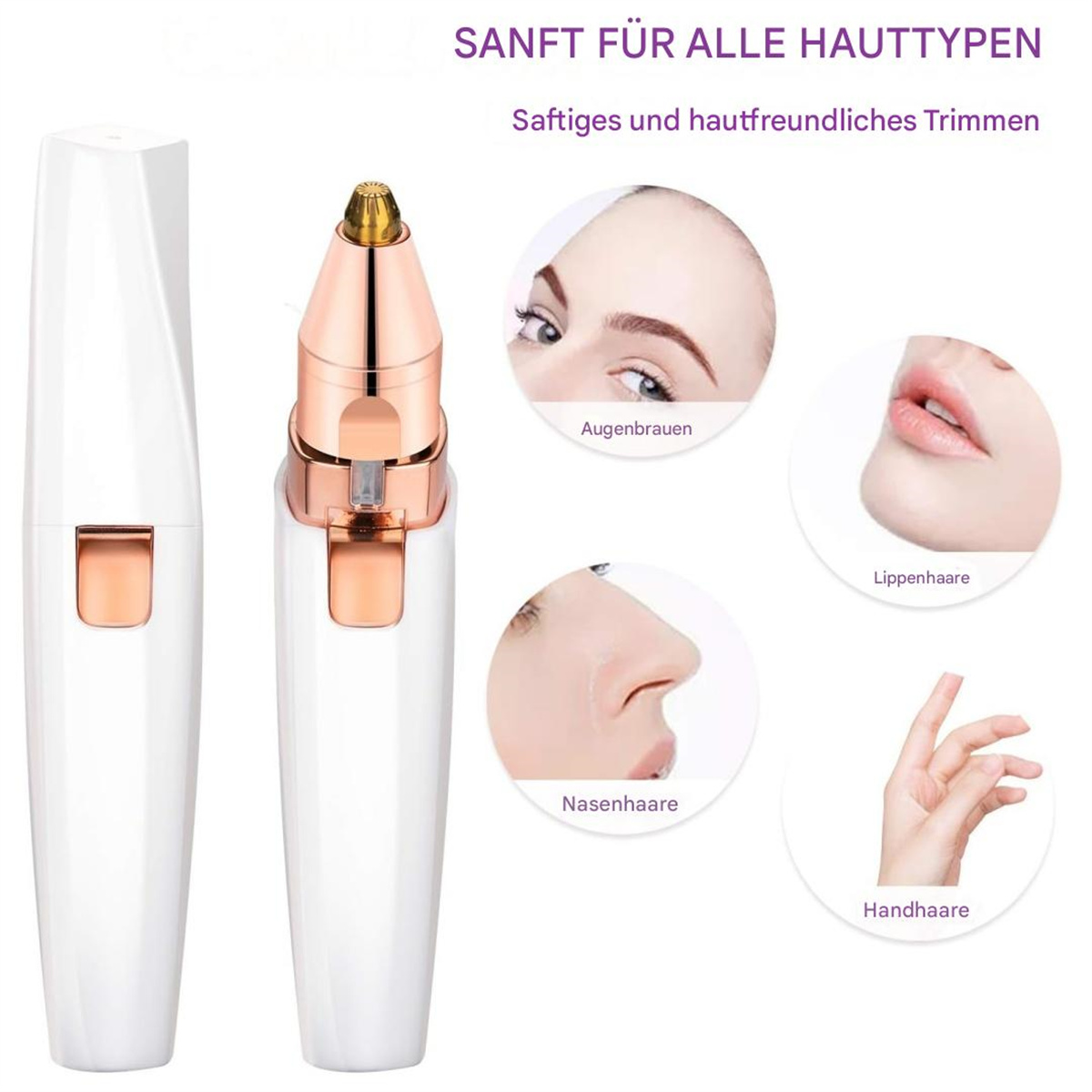 Ein weißes und roségoldenes Haarentfernungsgerät. Es hat mehrere Bilder von Gesichtsbereichen.