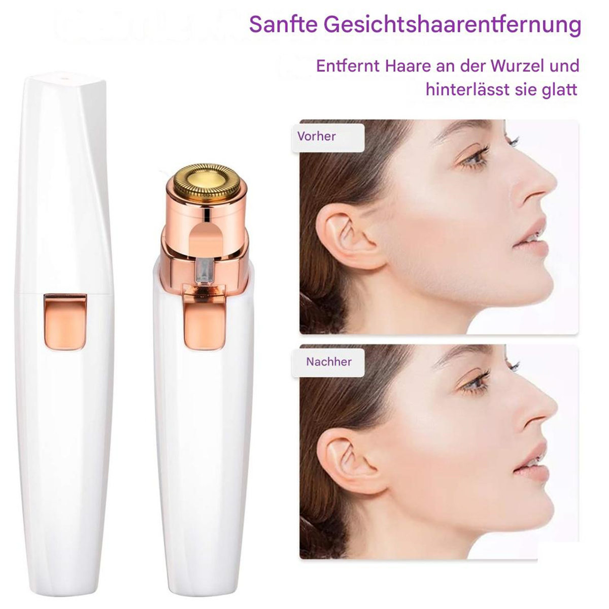 Augenbrauentrimmer mit Vorher-/Nachher-Bildern des Gesichts einer Frau, weißer Hintergrund.