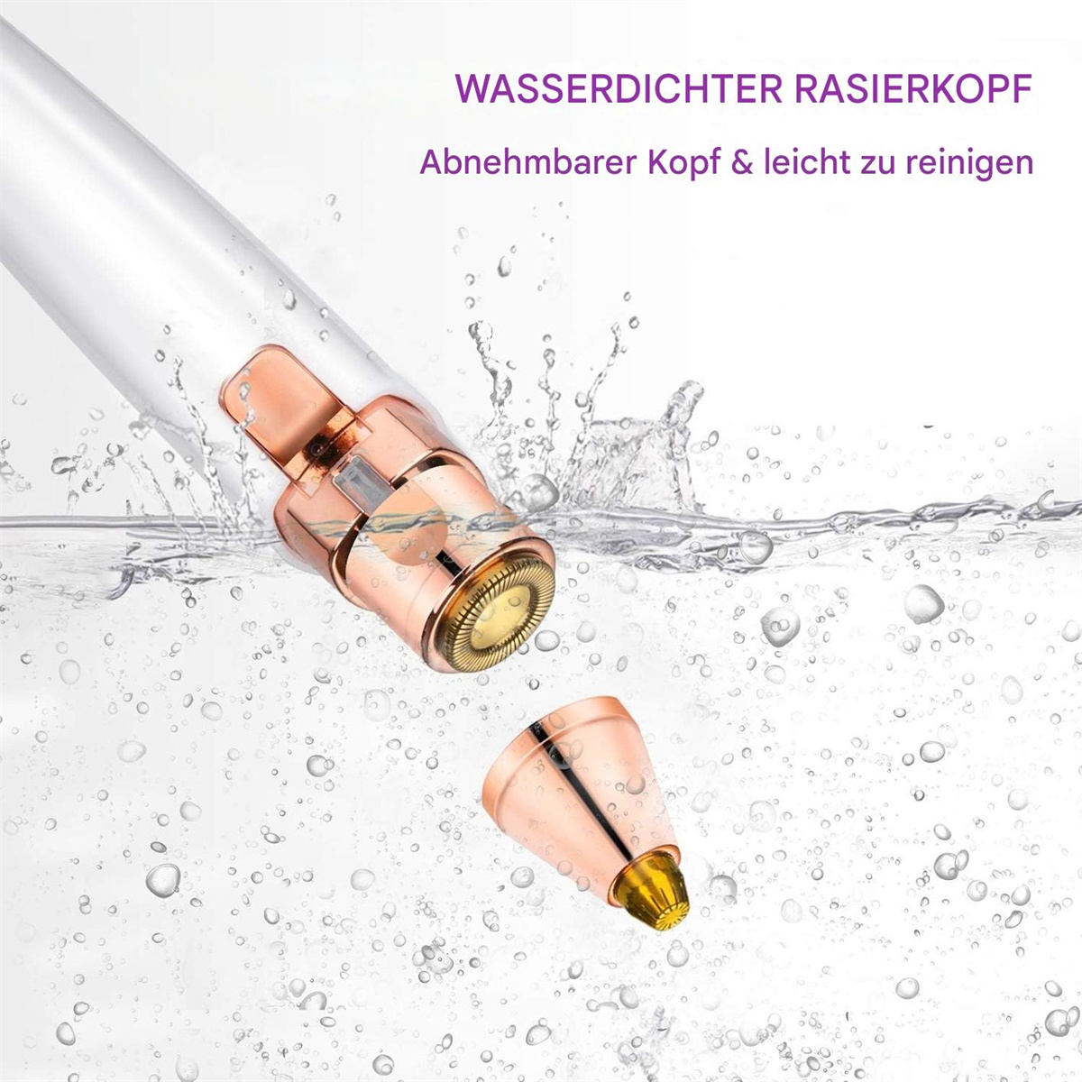 Haarentfernungswerkzeug im Wasser. Abnehmbarer Kopf. Roségold und Weiß.