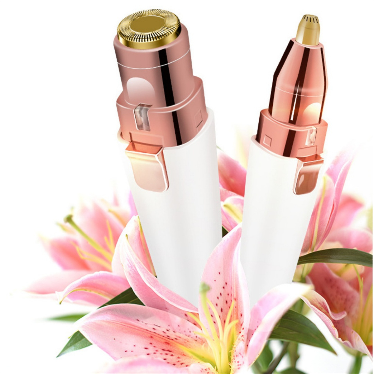 Zwei weiße und roségoldene Augenbrauentrimmer, umgeben von rosa Lilien. Einer hat einen goldenen Kopf.