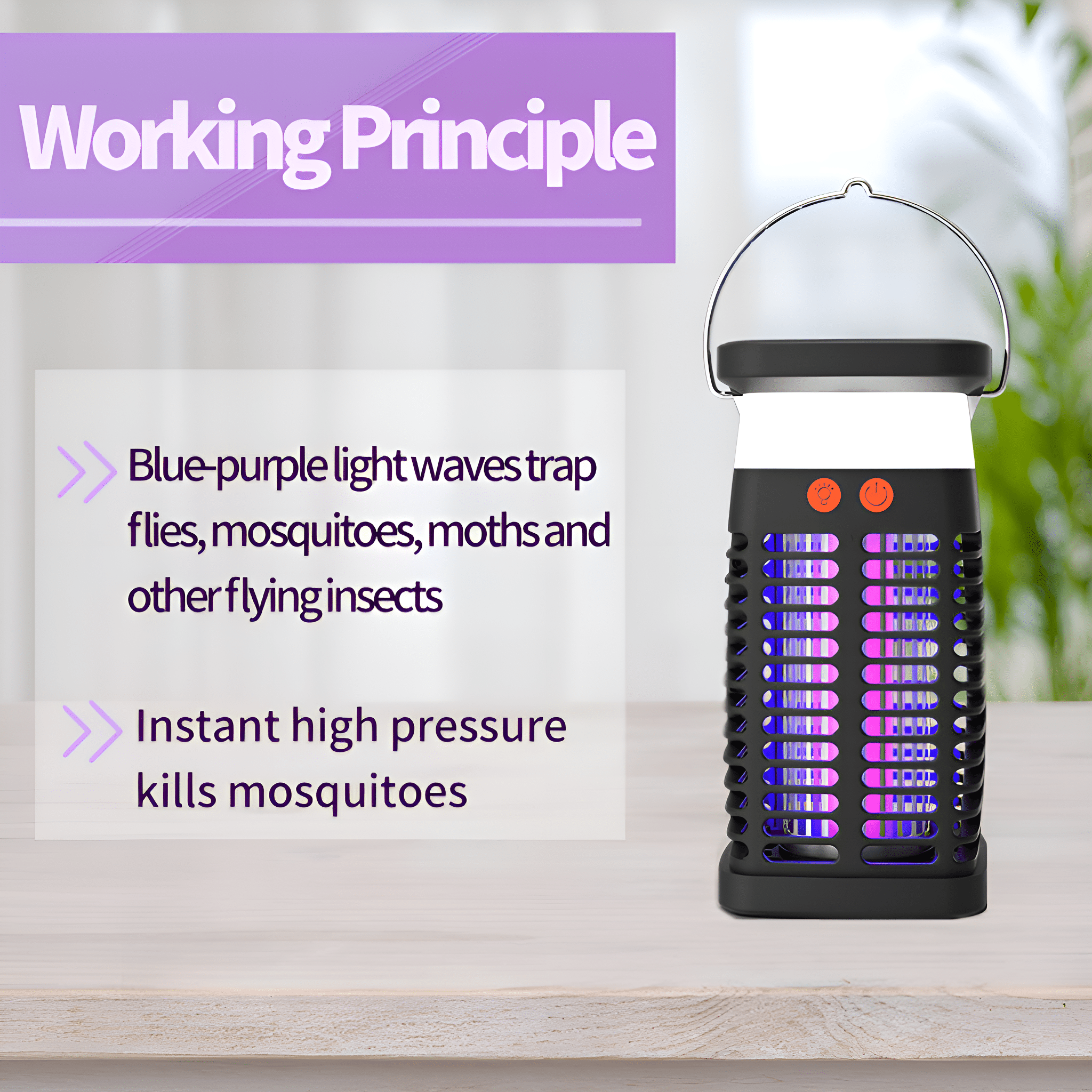 Eine Moskitokillerlampe, die ihr Funktionsprinzip mit blau-violetten Lichtwellen demonstriert.