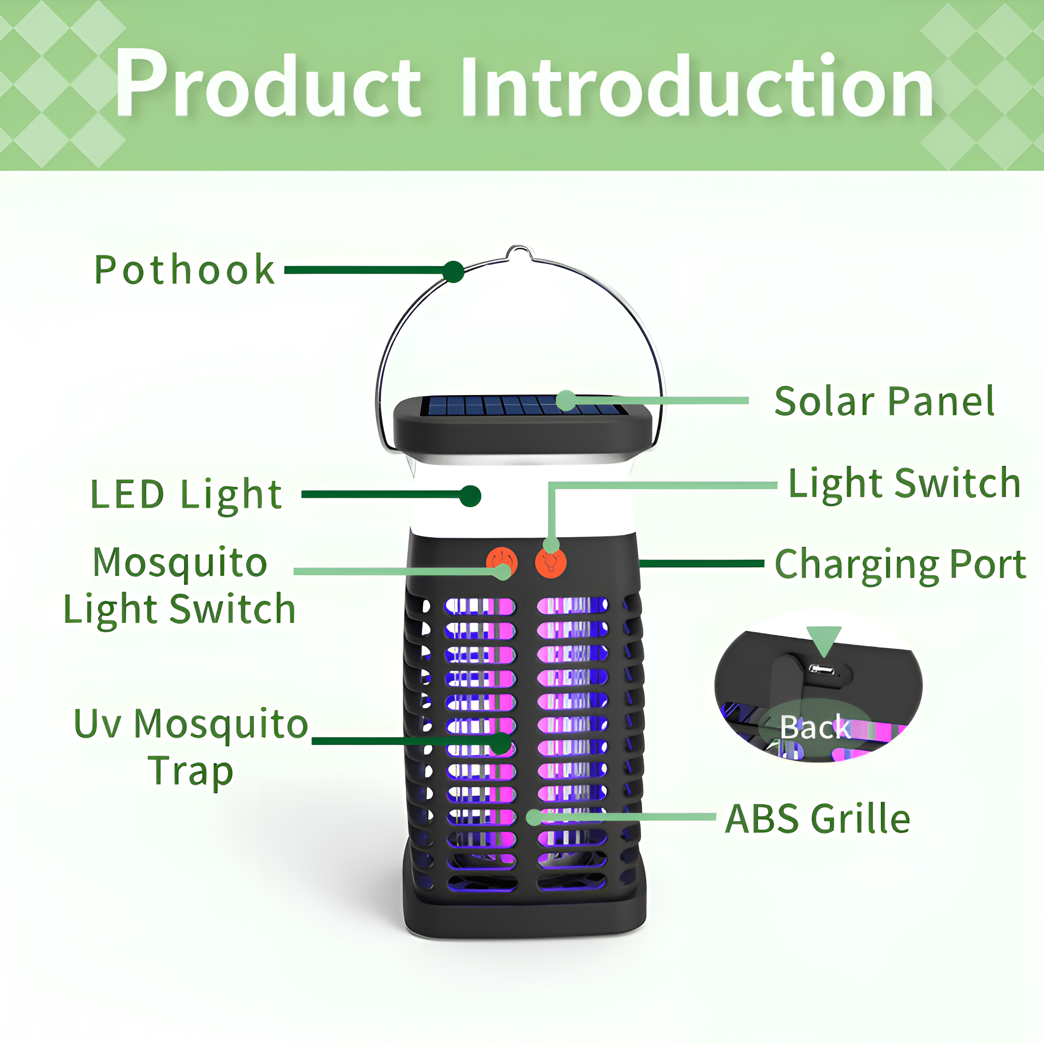 Eine Moskitokillerlampe mit hervorgehobenen Komponenten: Pothook, LED-Licht, Solarpanel und andere.